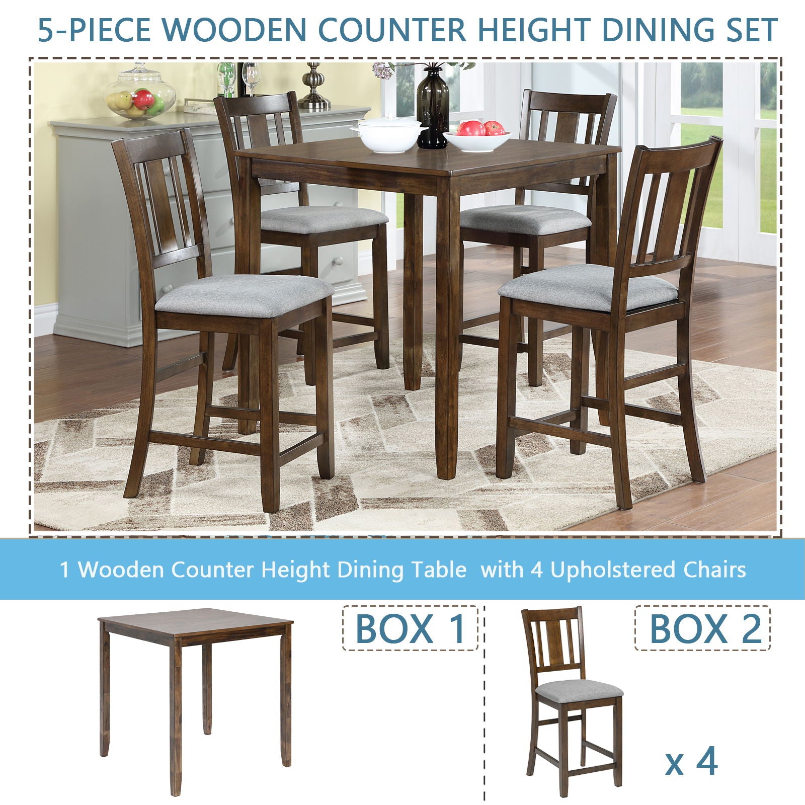 5 Pieces Dining Table Set, Counter Height Kitchen Table Set With Square Table And 4 Upholstered Chairs - Best Buy Furniture