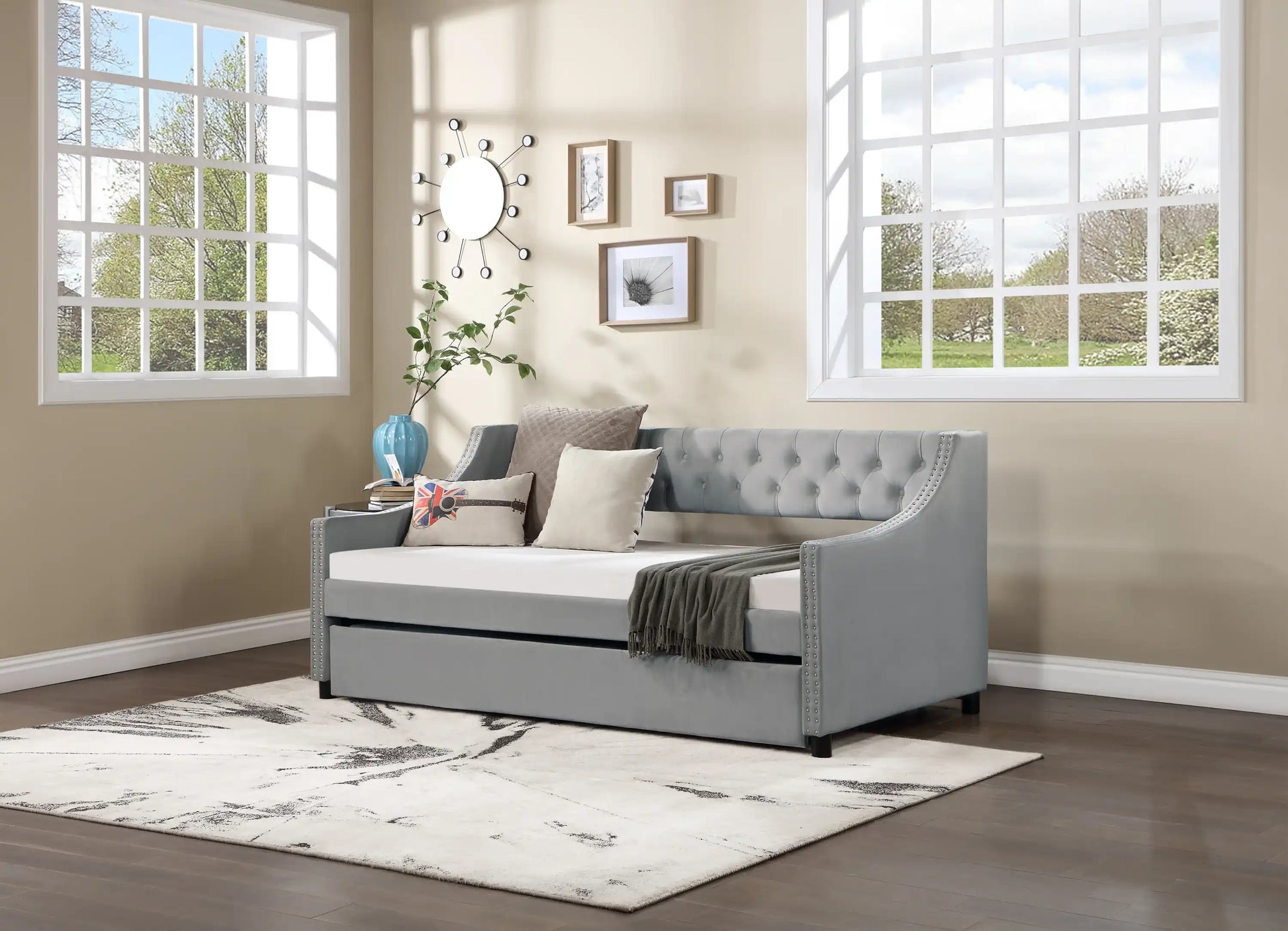 Twin Size Upholstered Daybed with Trundle, Wood Frame, Beige - Best Buy Furniture
