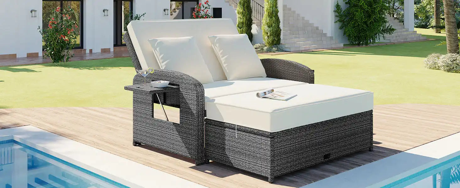 SunNest Wicker Rattan Double Chaise Lounge, 2-Person Reclining Daybed with Adjustable Back and Cushions - Best Buy Furniture