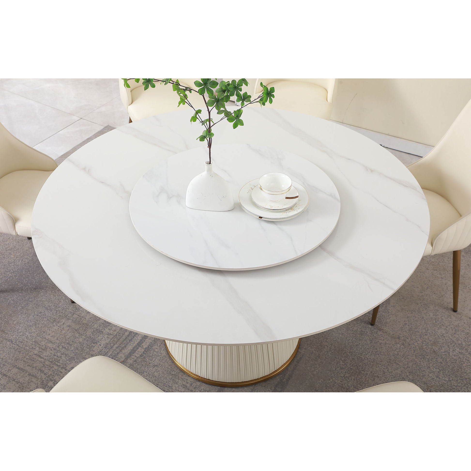 Modern Sintered Stone Dining Table With Turntable And Wood Metal Pedestal With 4 Chairs - Beige / White - Best Buy Furniture