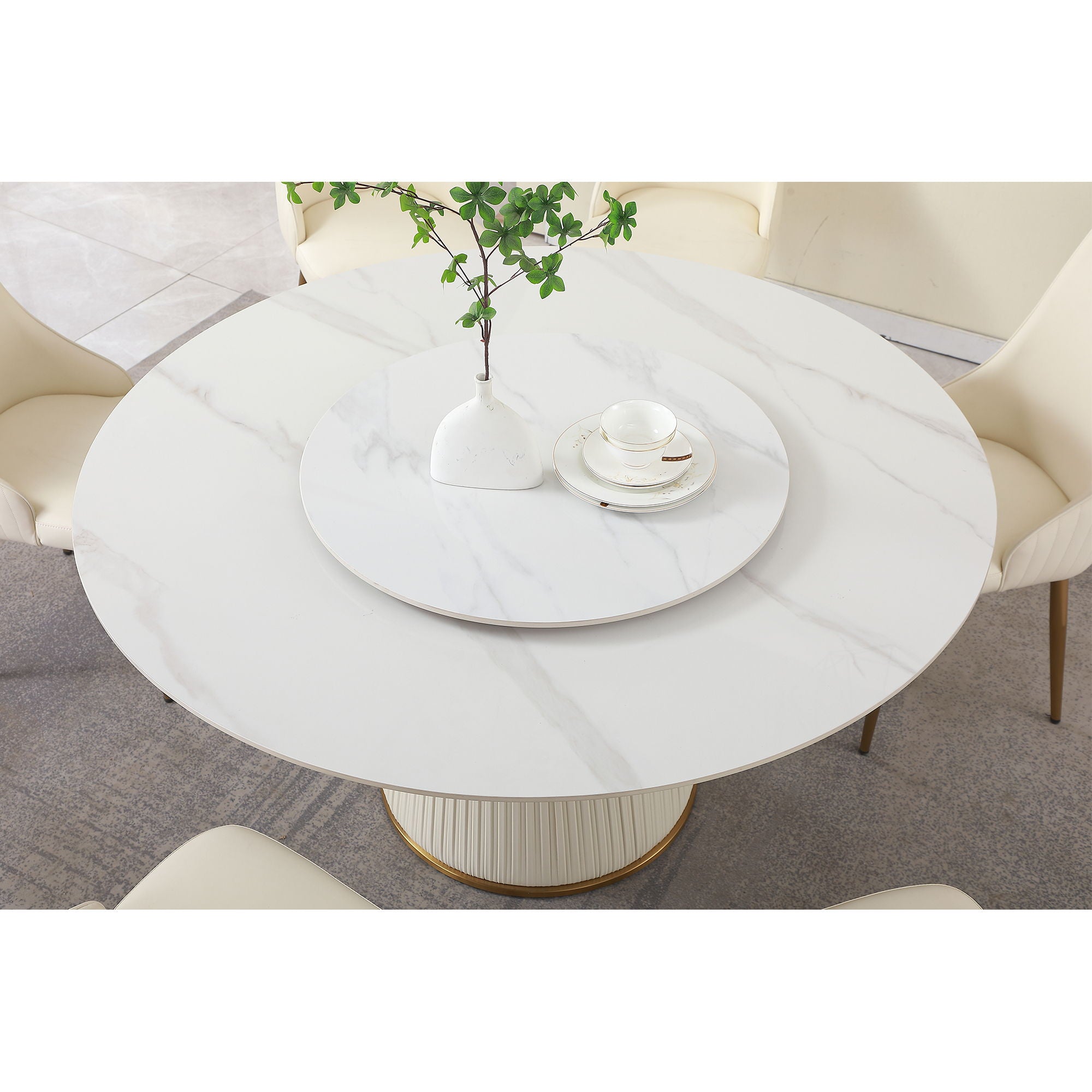 Modern Sintered Stone Dining Table With Turntable And Wood Metal Pedestal With 4 Chairs - Beige / White - Best Buy Furniture
