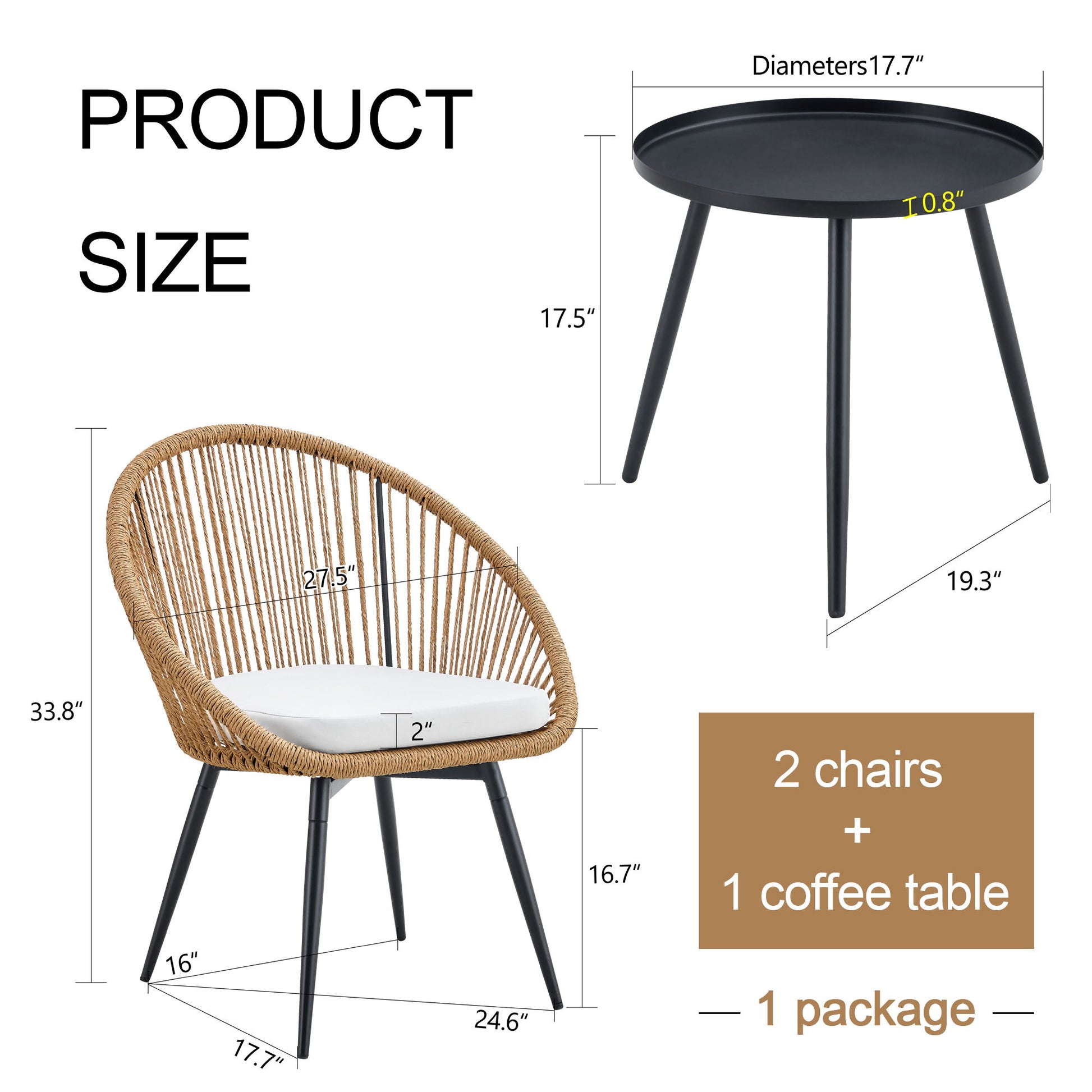 Modern 3 Piece Set, Anti - Spill Round Coffee Table, 2 Rattan Swivel Chairs, Outdoor Patio Furniture For Tea Time - Black / Wood - Best Buy Furniture