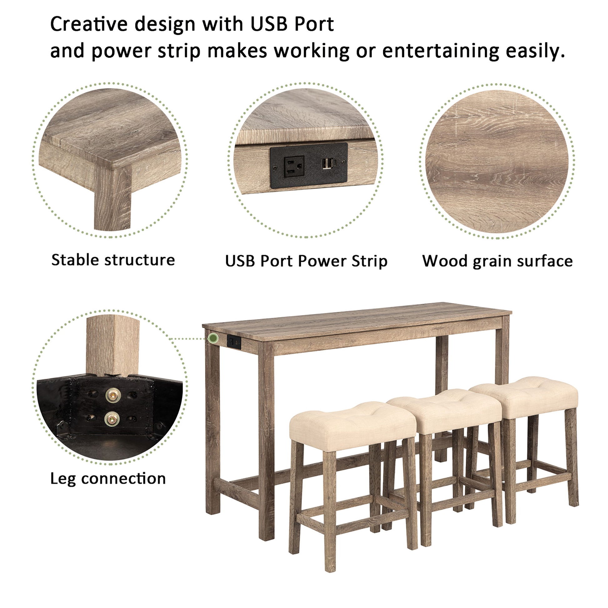 4 Piece Bar Table Set With Power Outlet, 3 Padded Stools - Best Buy Furniture