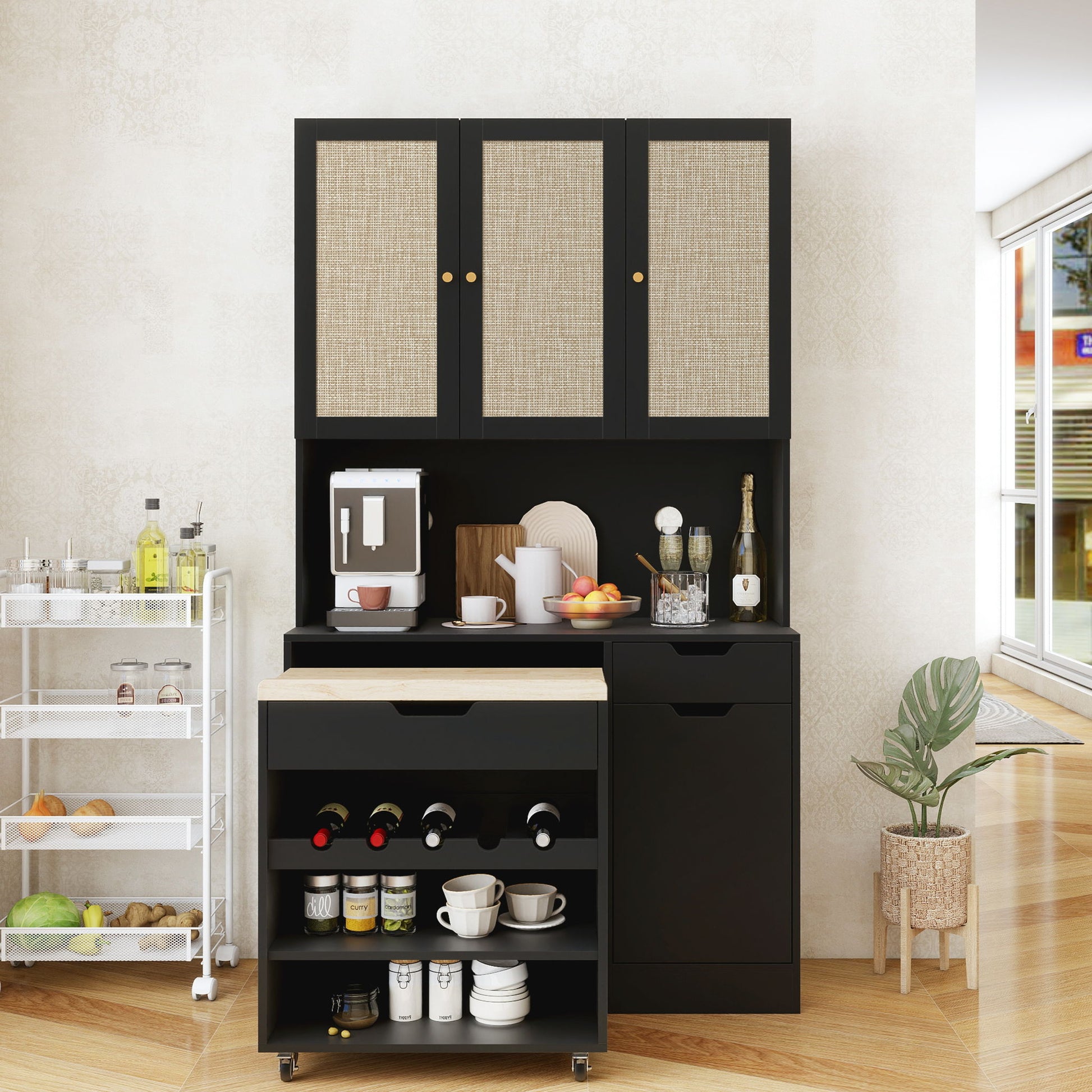 Kitchen Pantry Storage Cabinet, Modern Buffet Cabinet With Kitchen Cart, Tall Kitchen Hutch Cabinet With Microwave Stand, Food Pantry Cabinet With 3 Rattan Doors And Adjustable Shelves - Black - Best Buy Furniture