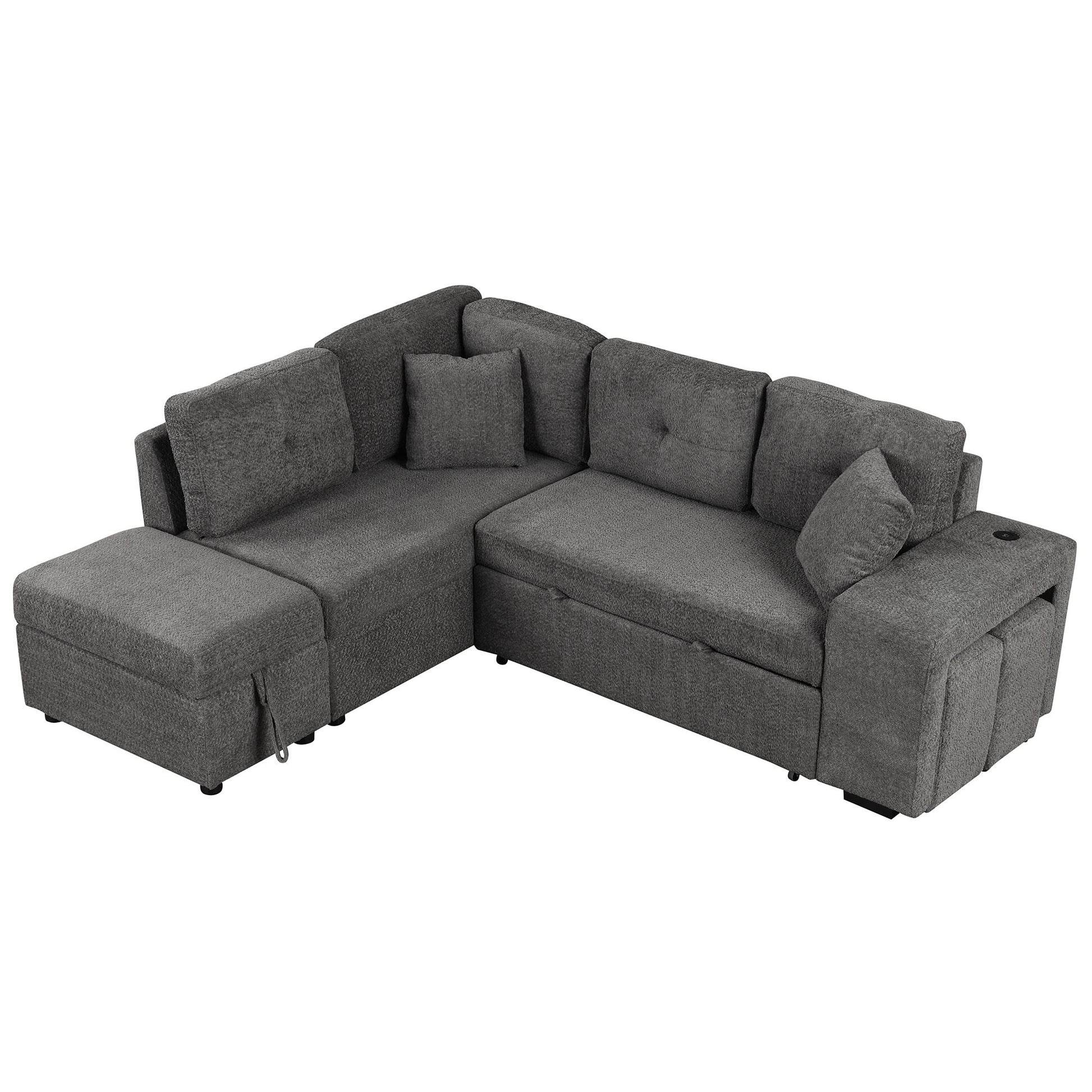 Convertible Sleeper, Sectional Pull Out Sofa Bed With Storage Ottoman, 2 Throw Pillows, 2 Stools, Wireless Charger And Two Hidden USB Ports For Living Room - Best Buy Furniture
