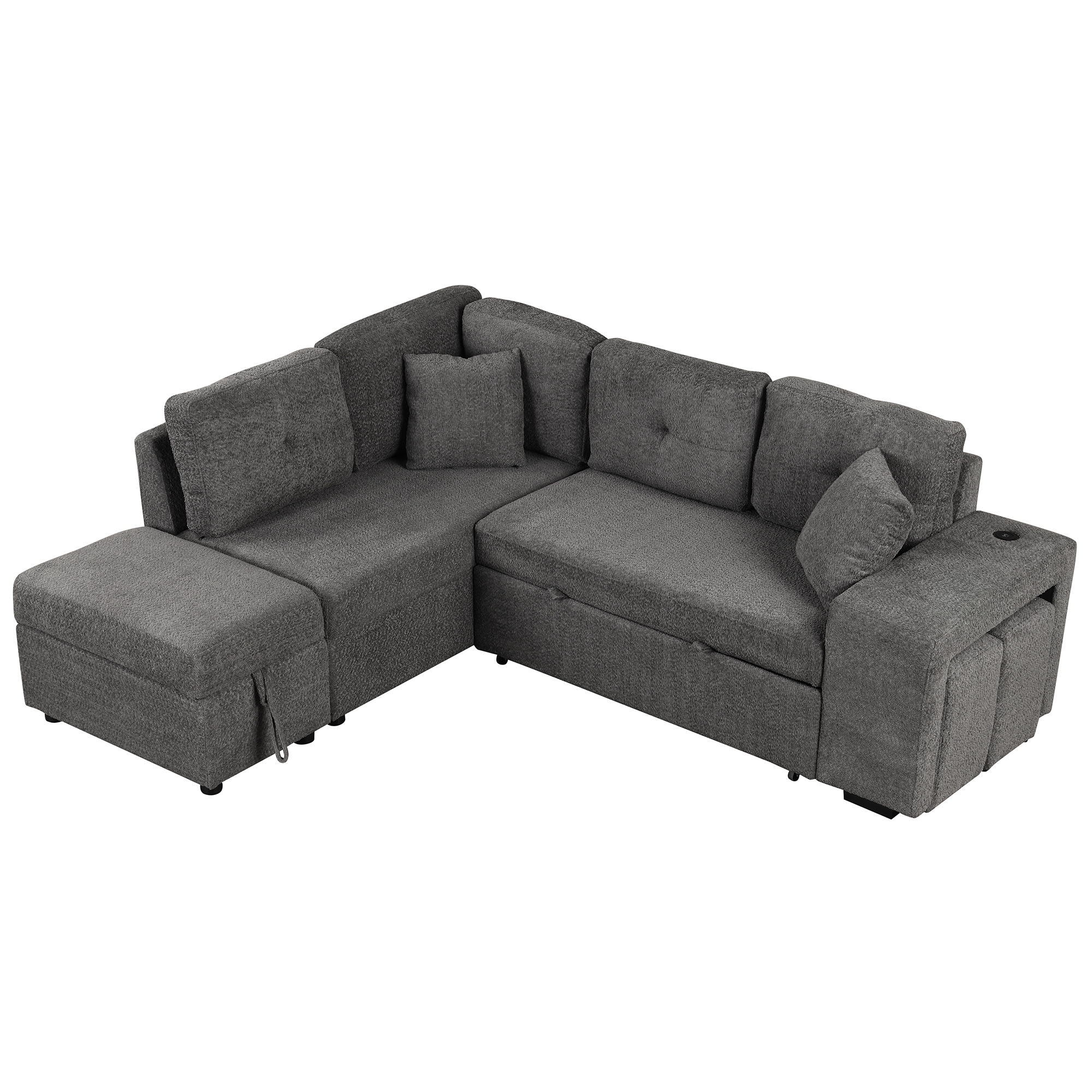 Convertible Sleeper, Sectional Pull Out Sofa Bed With Storage Ottoman, 2 Throw Pillows, 2 Stools, Wireless Charger And Two Hidden USB Ports For Living Room - Best Buy Furniture