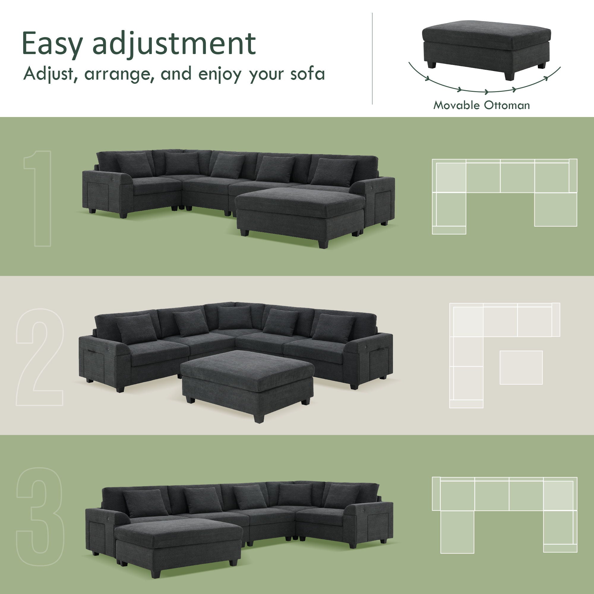U Shaped Sectional Sofa 6 Seat Couch Set With Oversized Ottoman, Hidden Armrest Storage And Cup Holders USB Charging Ports Wide Seat Sofa - Best Buy Furniture