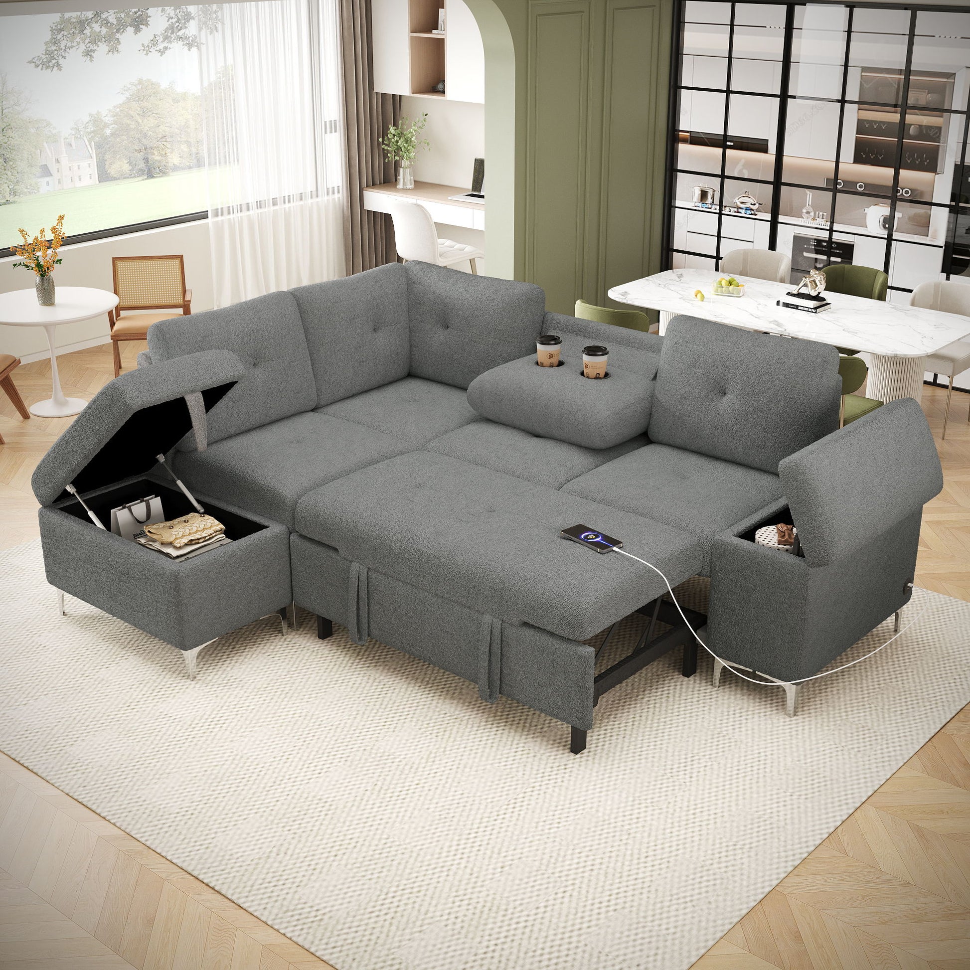 Versatile L Shaped Sofa Bed With Storage, Cup Holders, USB Ports Chenille - Best Buy Furniture