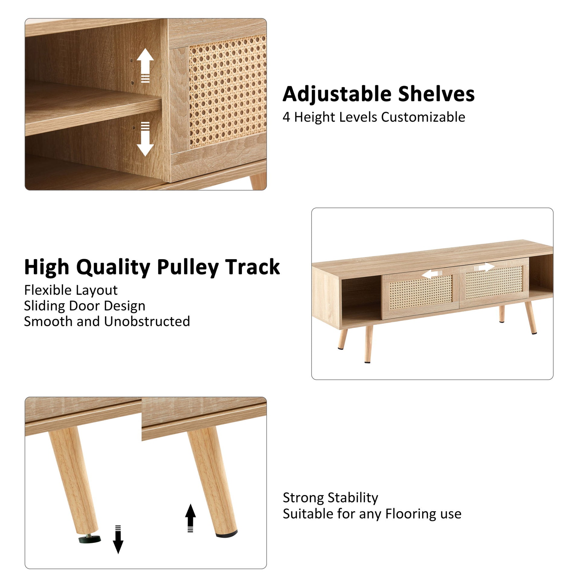55.12" Rattan TV Cabinet, Double Sliding Doors For Storage, Adjustable Shelf, Solid Wood Legs, TV Console For Living Room - Best Buy Furniture