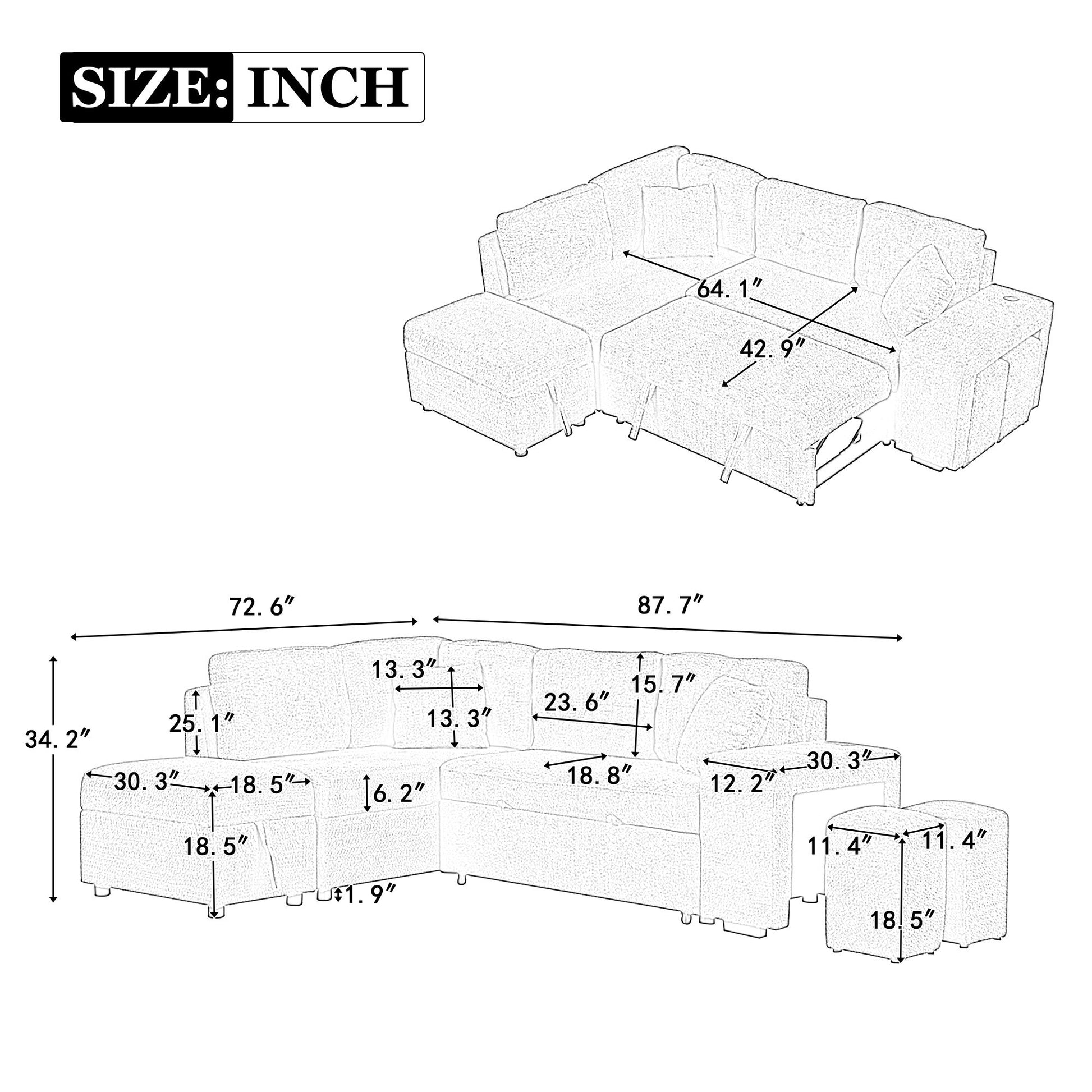 Convertible Sleeper, Sectional Pull Out Sofa Bed With Storage Ottoman, 2 Throw Pillows, 2 Stools, Wireless Charger And Two Hidden USB Ports For Living Room - Best Buy Furniture