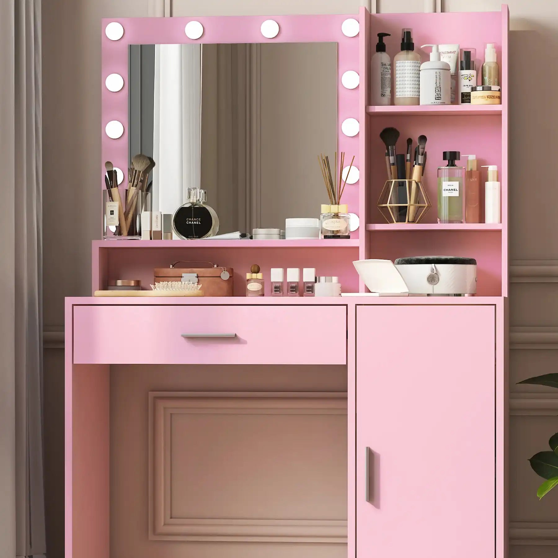 Vanity Desk with Mirror & Light, Pink Dressing Table - Best Buy Furniture