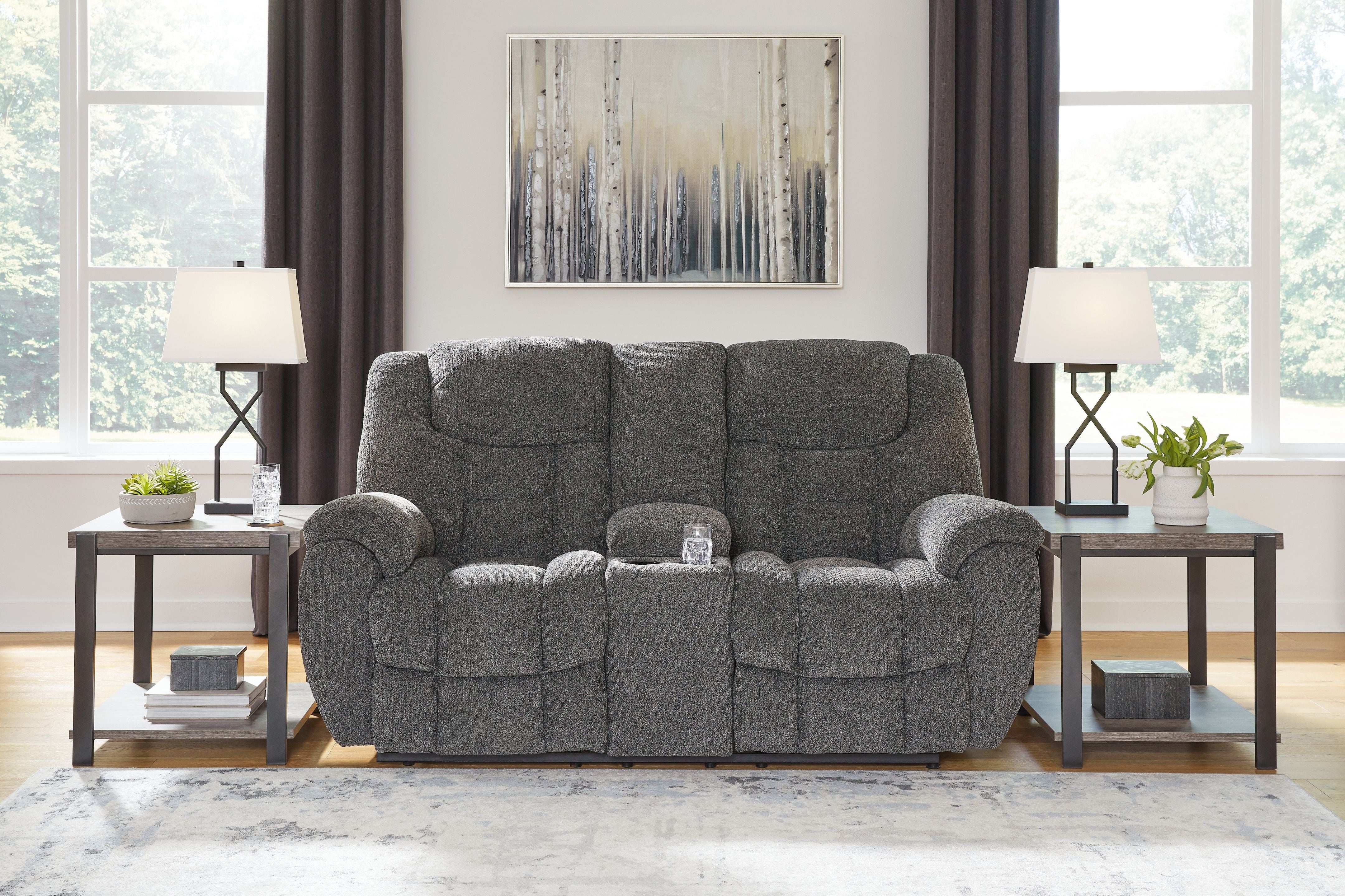 Foreside - Dbl Reclining Loveseat with Console - Charcoal - Best Buy Furniture