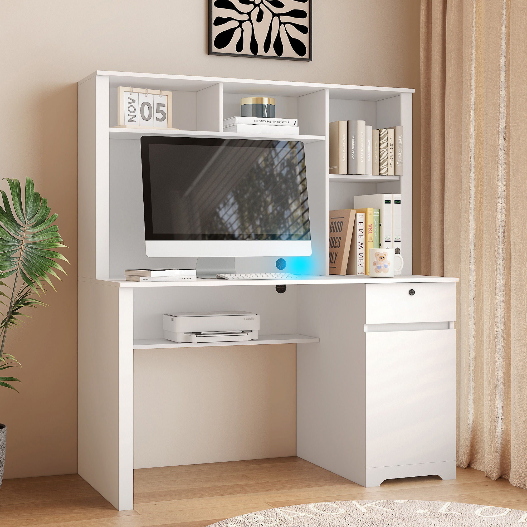 Computer Desk With Hutch & Bookshelf, Wood Executive Desk Teens Student Desk Writing Laptop Home Office Desk With Drawers, 3 Ac Outlets And 2 USB Charging Ports, Study Laptop Table For Home - White - Best Buy Furniture
