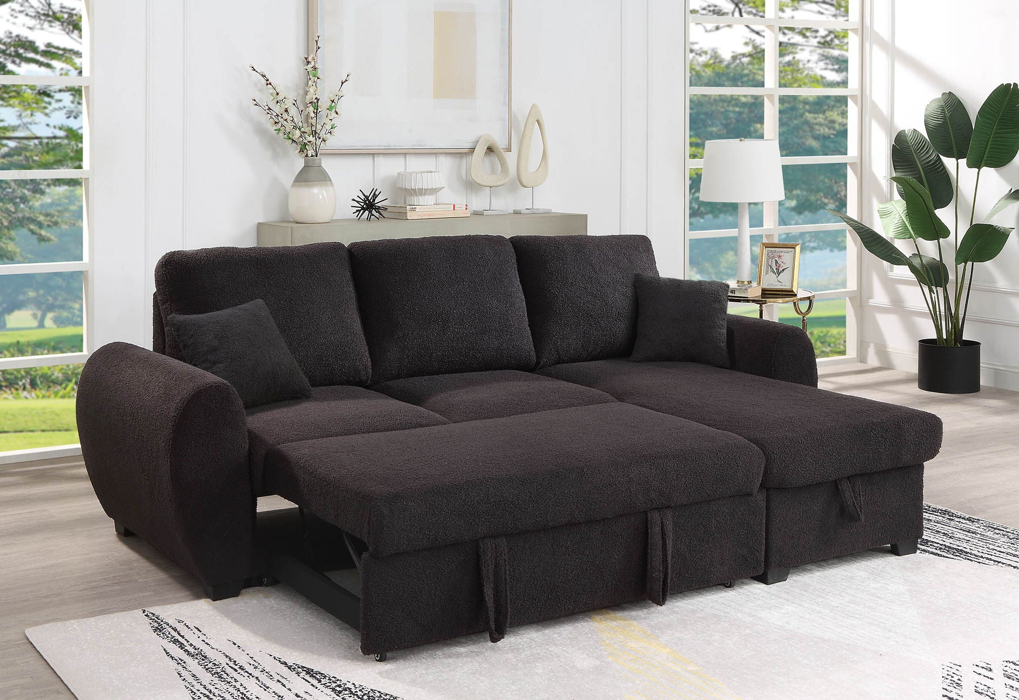 Veronica - Teddy Fleece Reversible Sleeper Sectional Sofa With Storage Chaise - Black - Best Buy Furniture