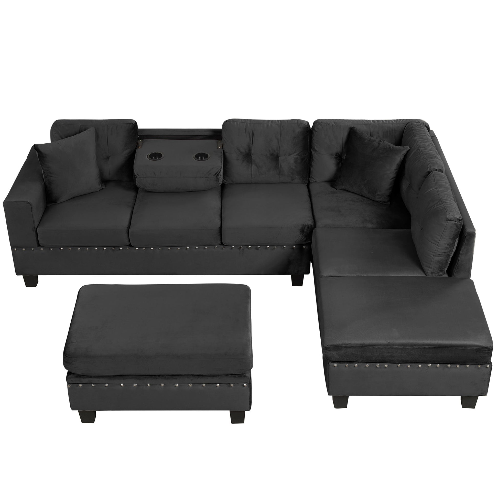 Modern Sectional Sofa With Storage Ottoman, L - Shape Couch With 2 Pillows And Cup Holders - Best Buy Furniture