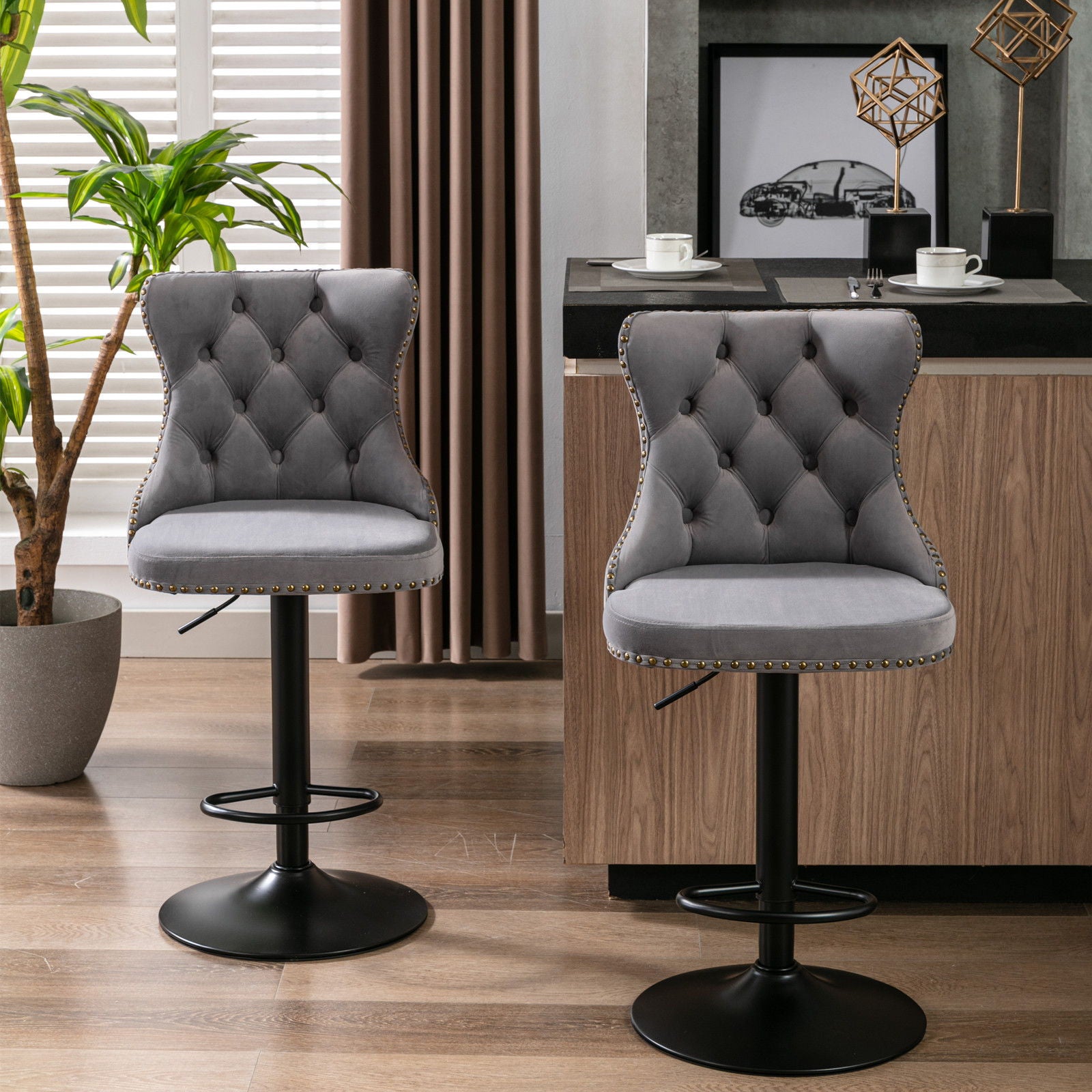 Swivel Velvet Barstools Adjusatble Seat Height, Modern Upholstered Bar Stools With Backs Comfortable Tufted For Home Pub And Kitchen Island (Set of 2) - Best Buy Furniture