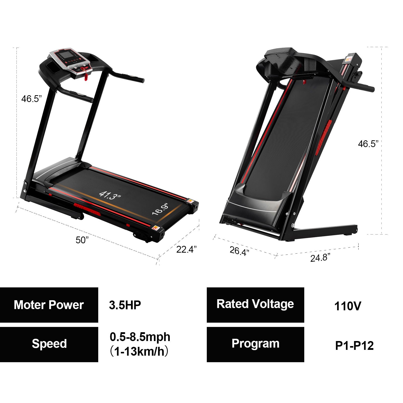 Folding Treadmills For Home - 3.5Hp Portable Foldable With Incline, Electric Treadmill For Running Walking Jogging Exercise With 12 Preset Programs, Indoor Workout Training Space Save Apartment, App - Black - Best Buy Furniture