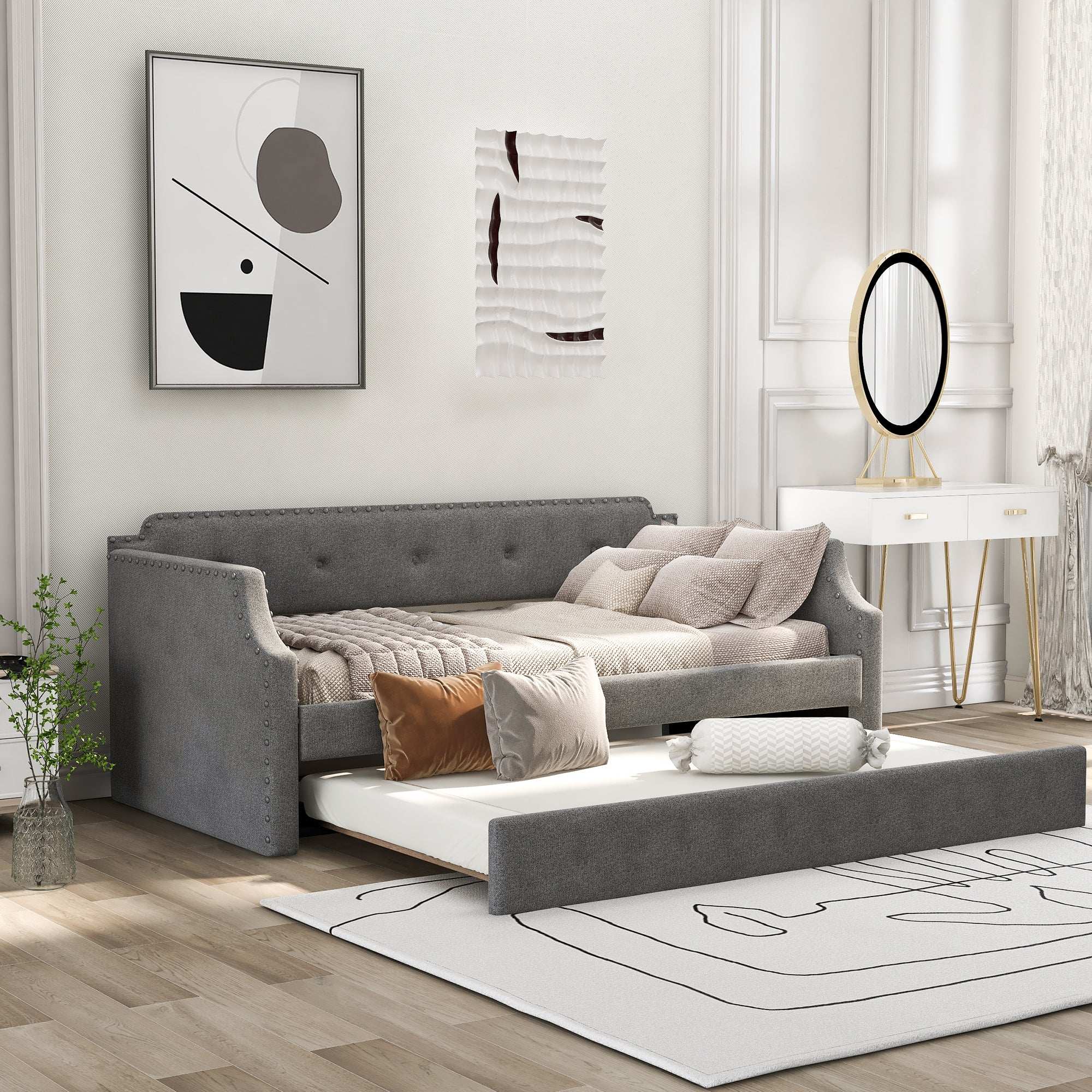 Twin Upholstered Daybed with Trundle, Wood Slat Support,Upholstered Frame Sofa Bed - Best Buy Furniture