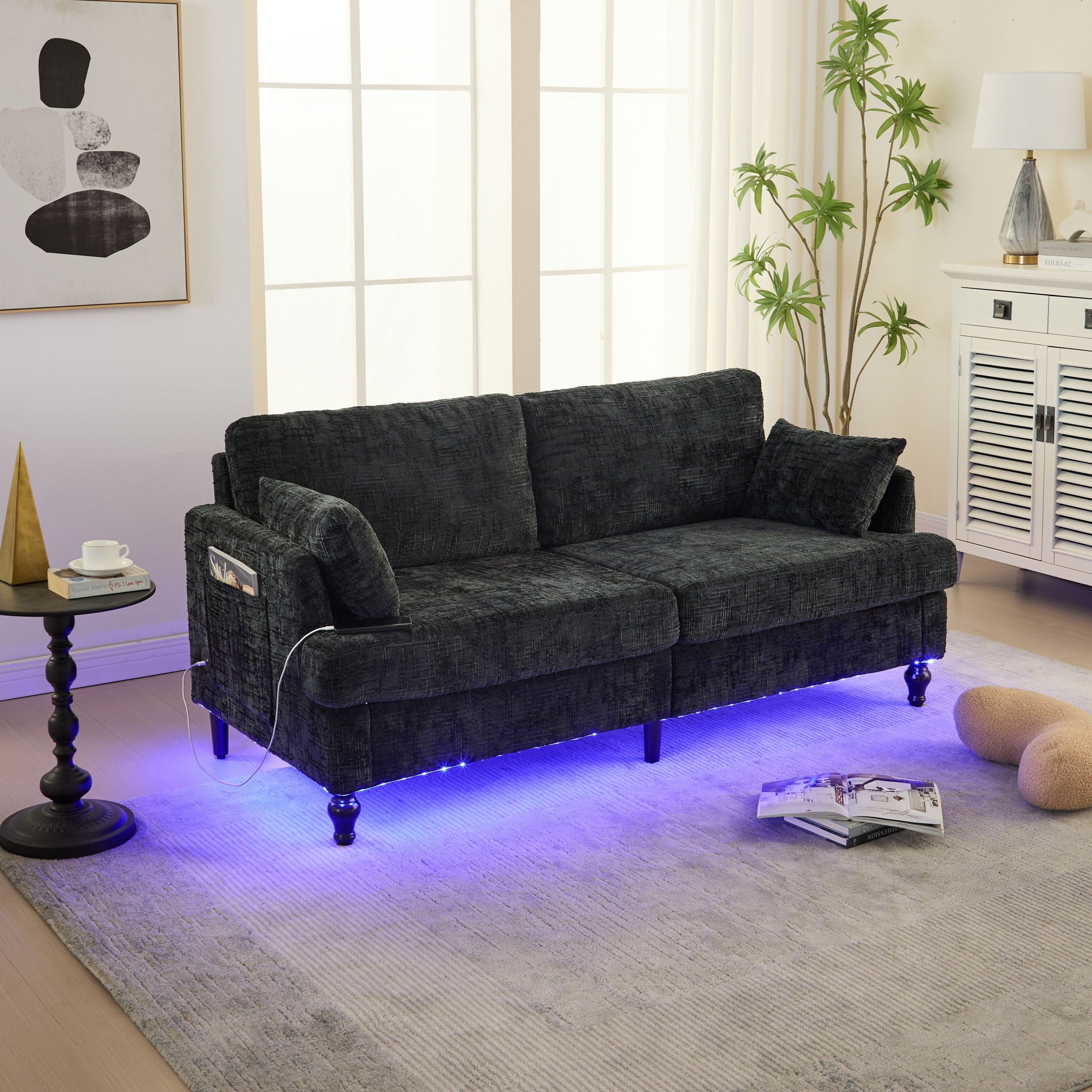 Chenille 2 Seater Sofa With LED Light, USB Charging Port, And Storage Bag - Best Buy Furniture