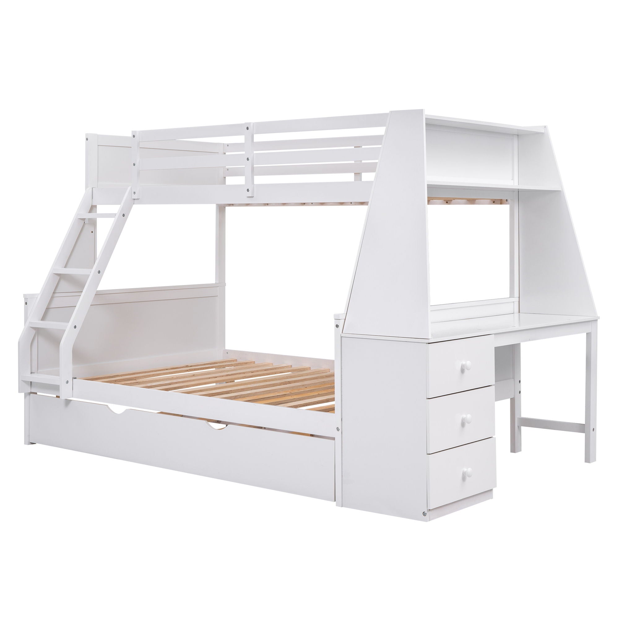 Twin Over Full Bunk Bed With Trundle And Built-In Desk, Three Storage Drawers And Shelf - White - Best Buy Furniture