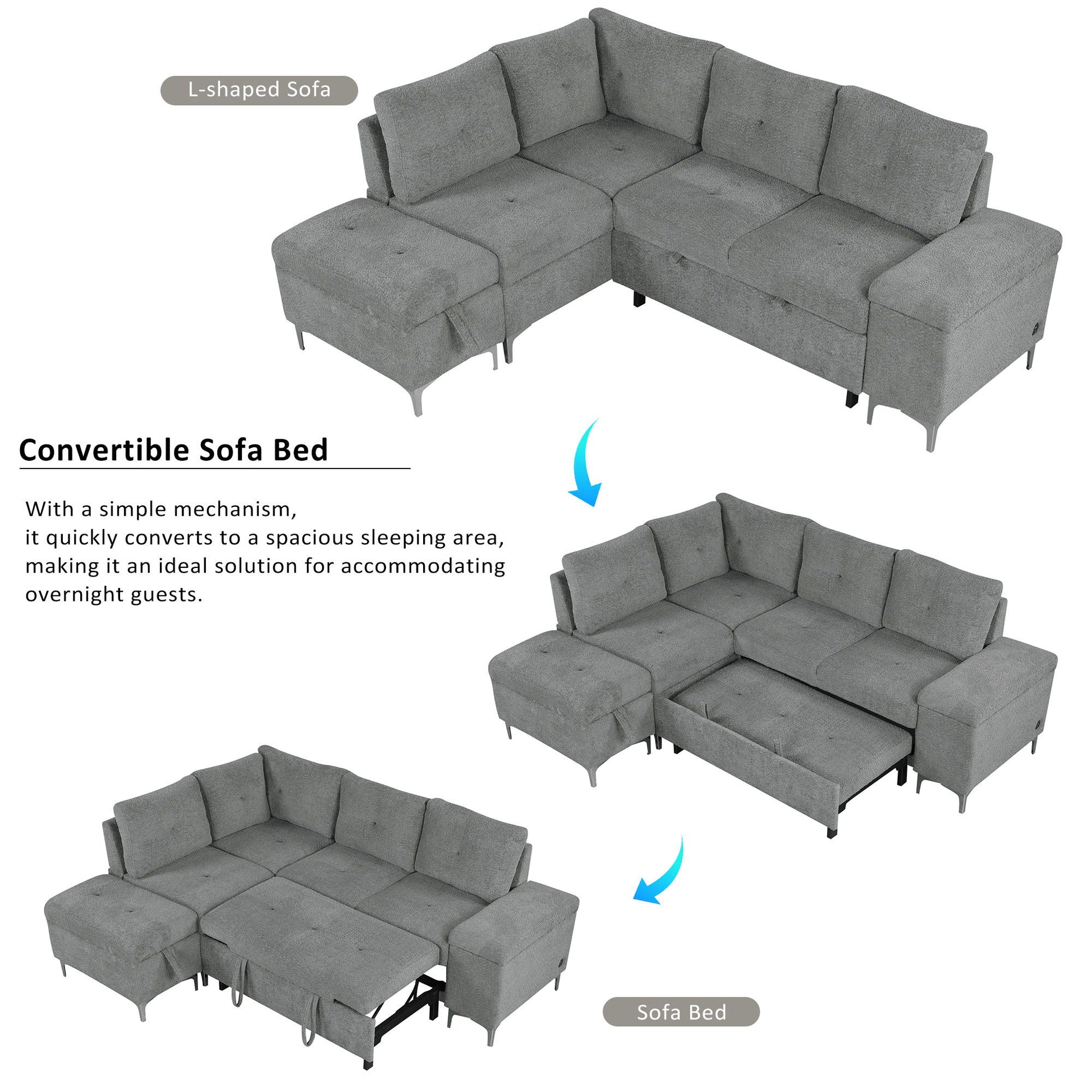Versatile L Shaped Sofa Bed With Storage, Cup Holders, USB Ports Chenille - Best Buy Furniture