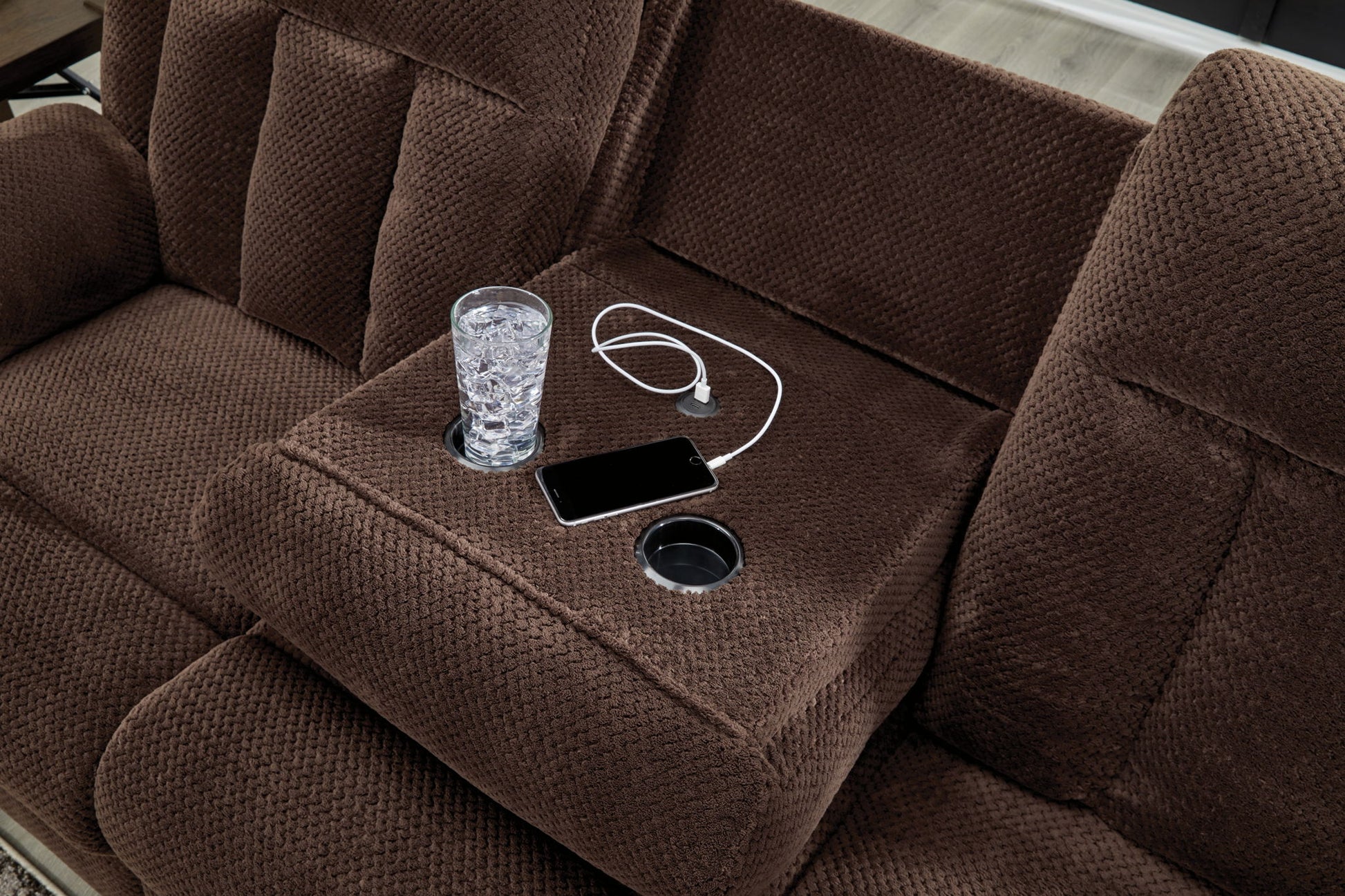 Free Wake - Reclining Power Sofa With Drop Down Table - Chocolate - Best Buy Furniture