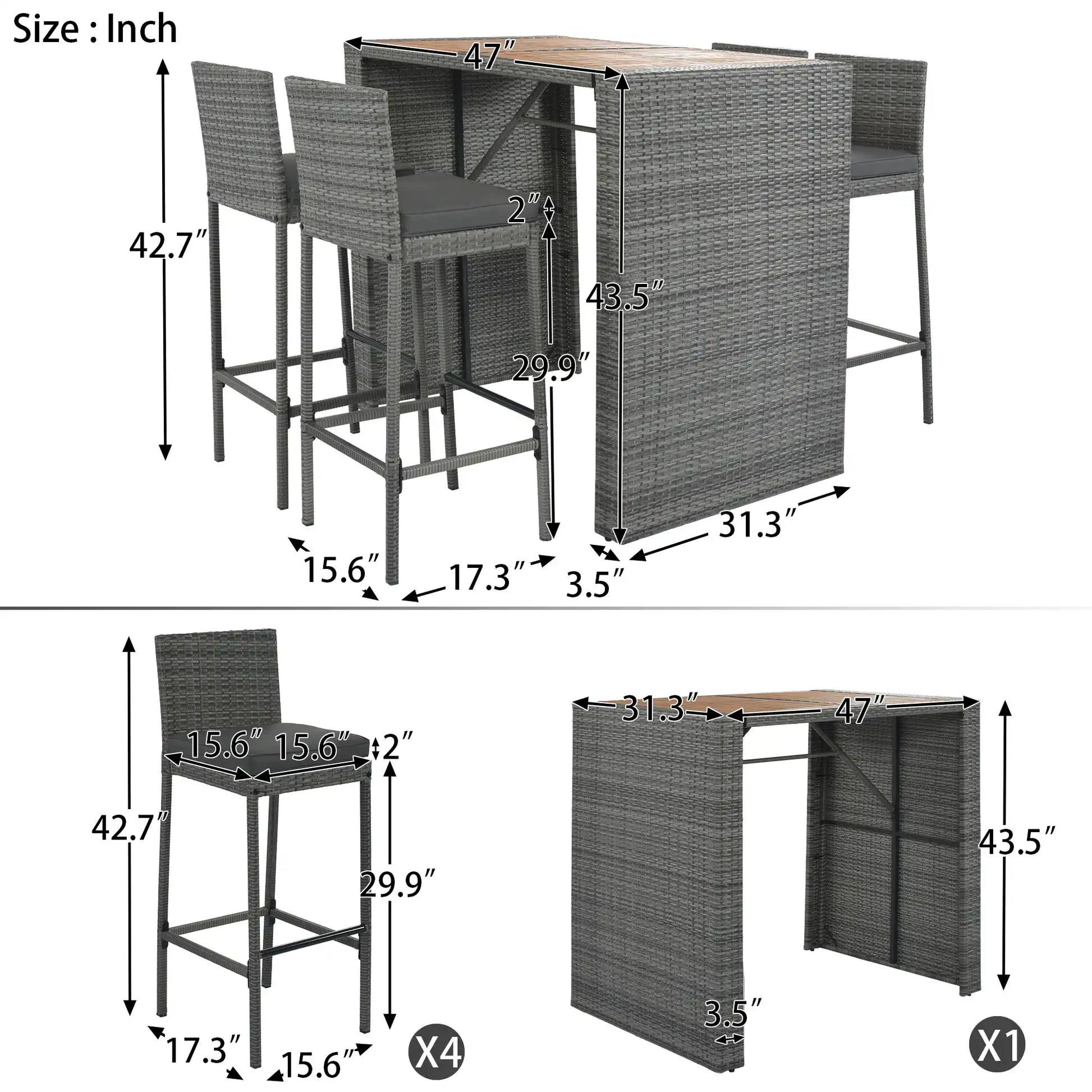 5 Piece Outdoor Wicker Bar Set with Acacia Wood Table, Brown & Gray - Best Buy Furniture
