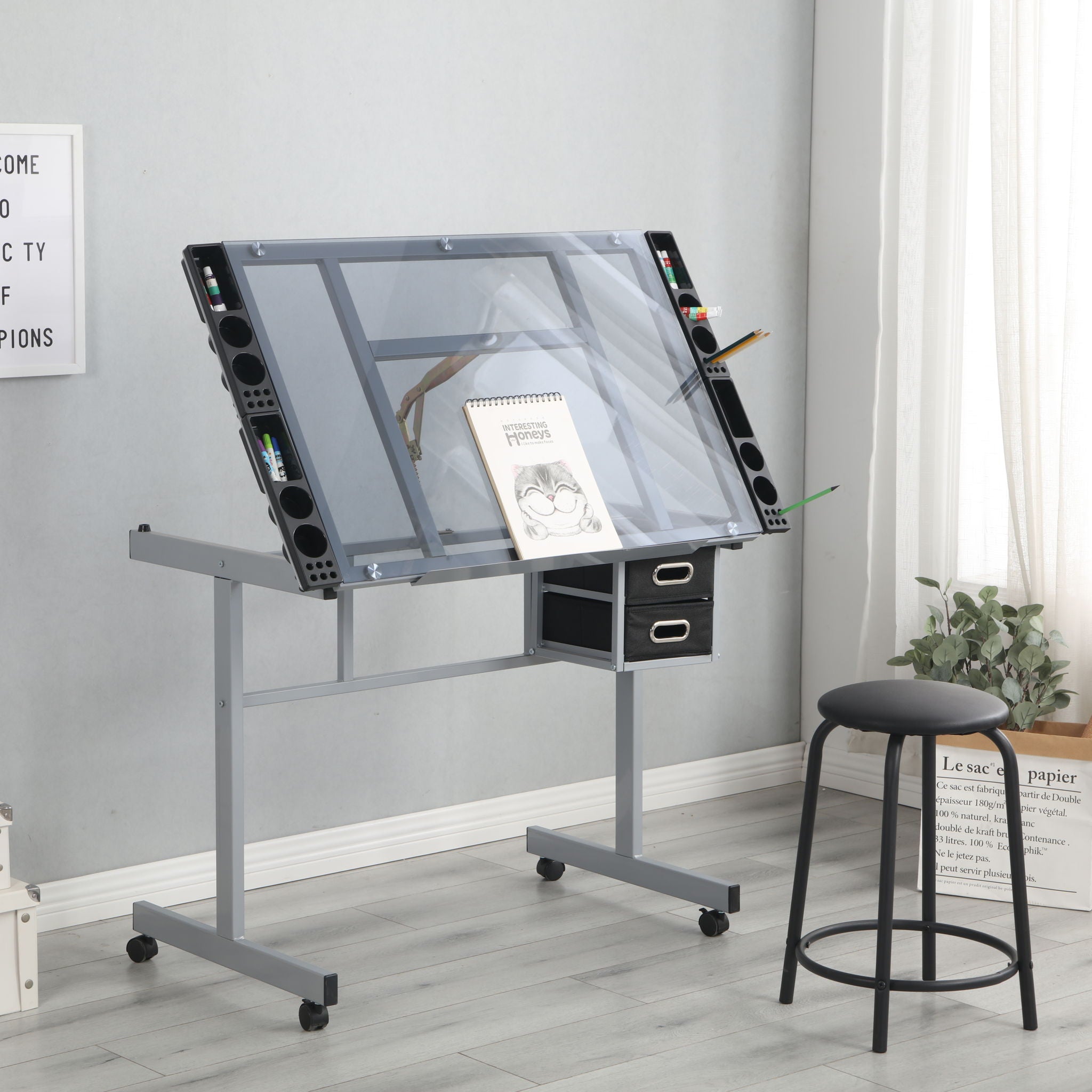 Adjustable Art Drawing Desk Craft Station Drafting With 2 Non-Woven Fabric Slide Drawers And 4 Wheels - Silver - Best Buy Furniture