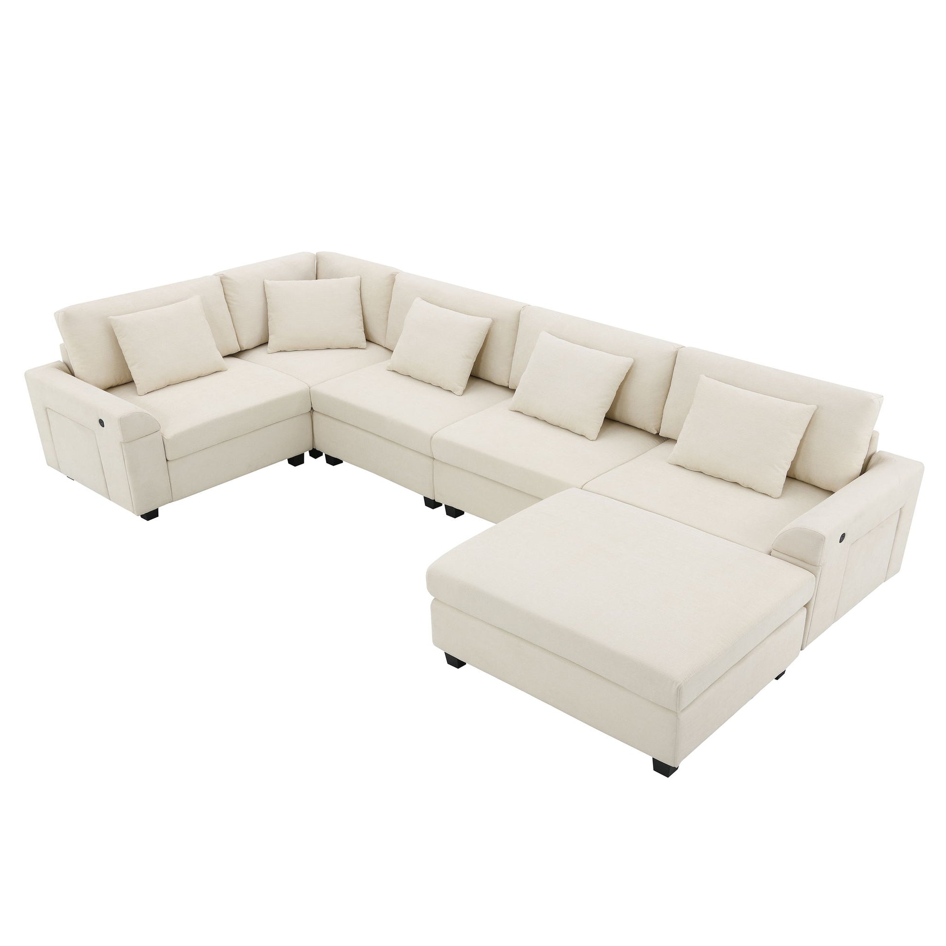 U Shaped Sectional Sofa 6 Seat Couch Set With Oversized Ottoman, Hidden Armrest Storage And Cup Holders USB Charging Ports Wide Seat Sofa - Best Buy Furniture