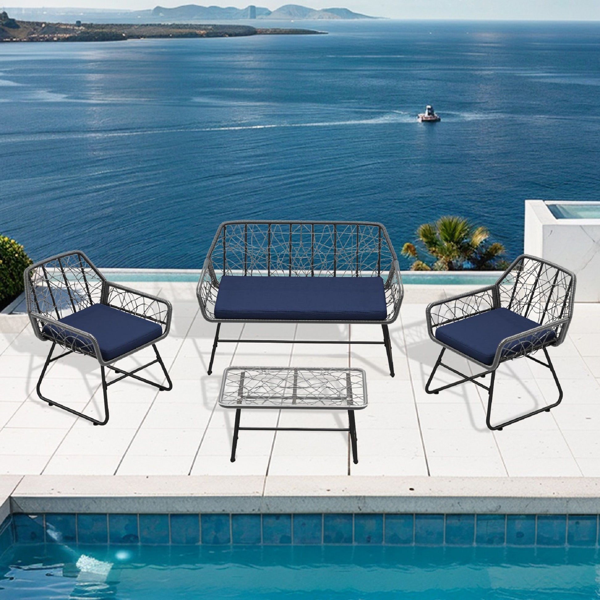 4 Piece Wicker Patio Furniture Set With Tempered Glass Table And Detachable Cushions - Best Buy Furniture