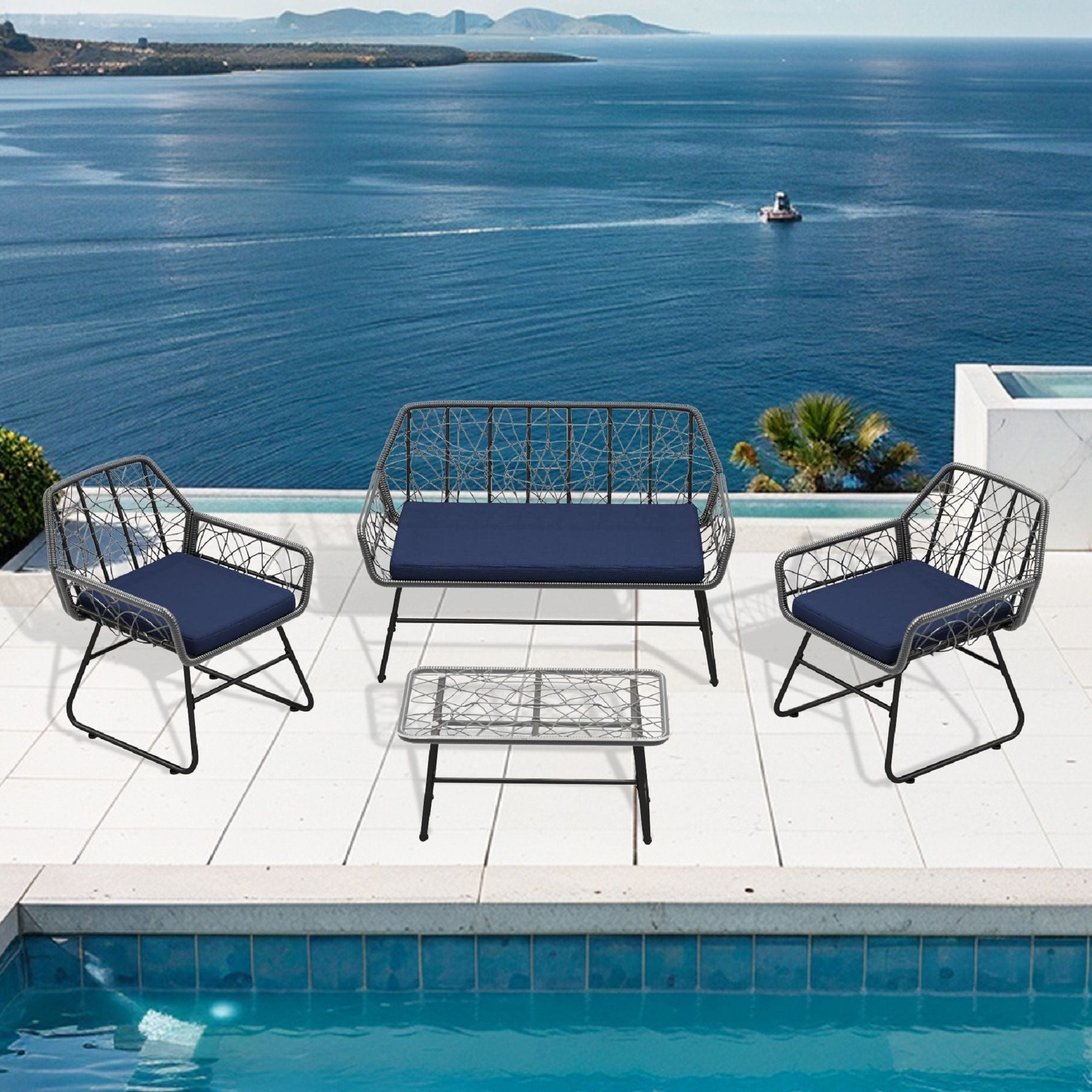 4 Piece Wicker Patio Furniture Set With Tempered Glass Table And Detachable Cushions - Best Buy Furniture