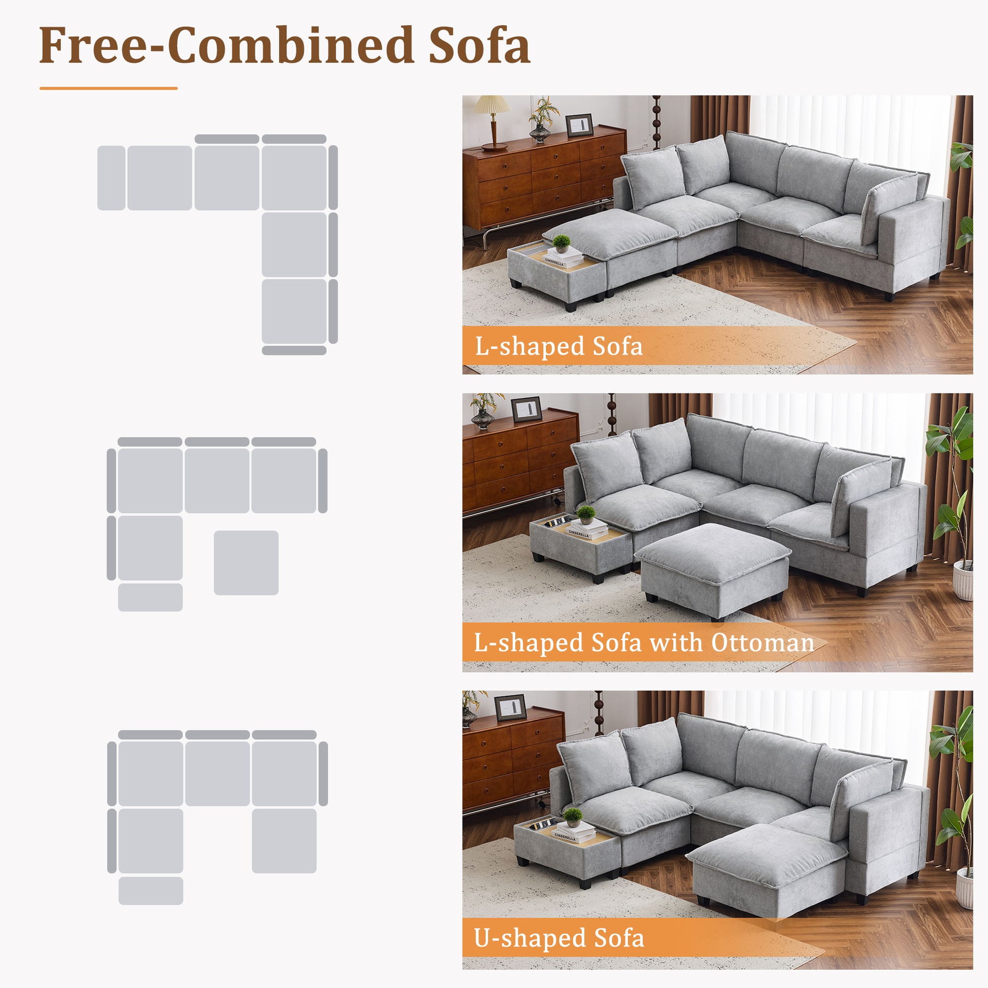 U-Shaped Sectional Modular Sofa With A Movable Ottoman, A Coffee Table With Hidden Charging Devices For Living Room - Best Buy Furniture