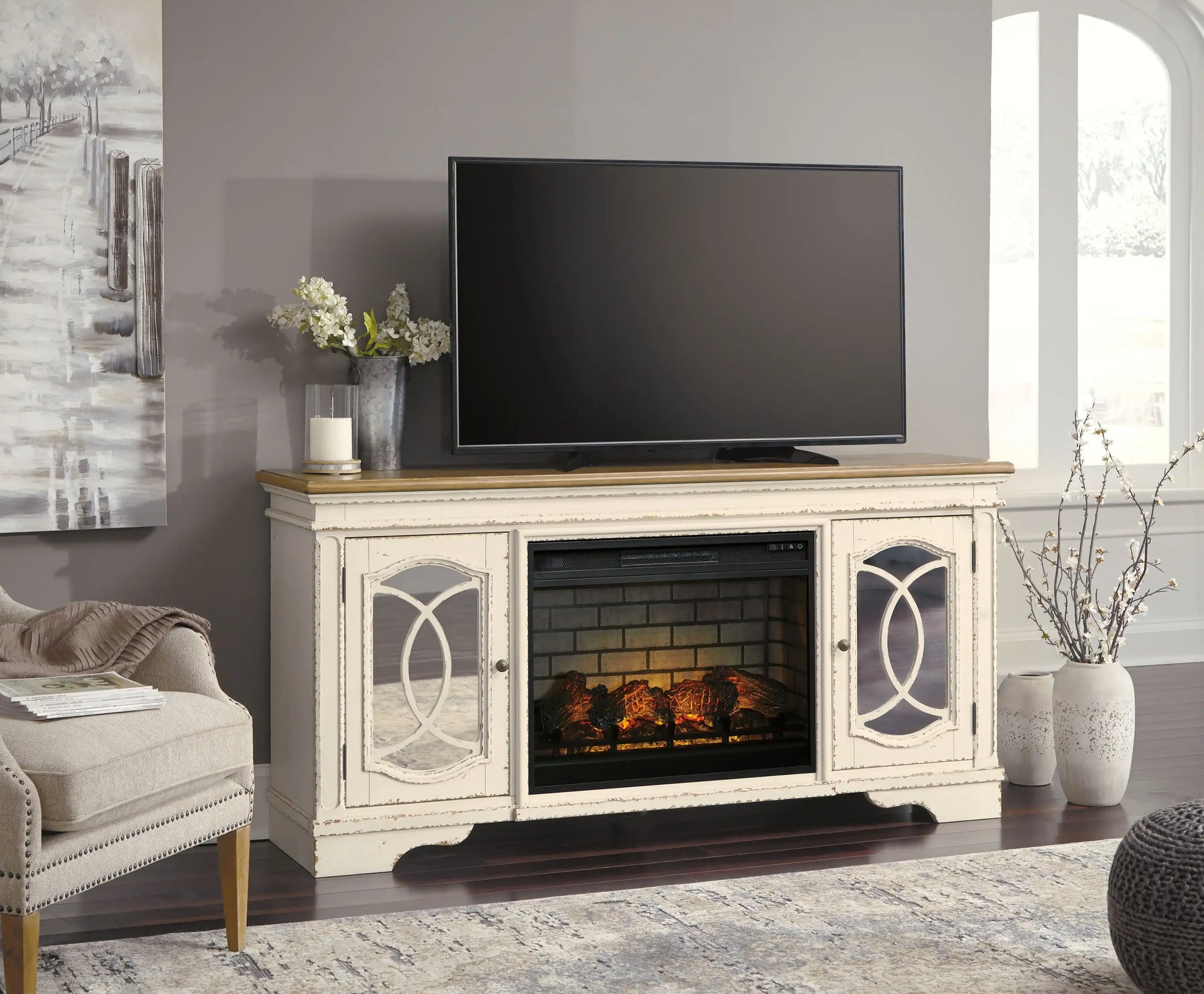 Realyn - 2 Pc. - 74" TV Stand with Electric Infrared Fireplace Insert - Chipped White - Best Buy Furniture