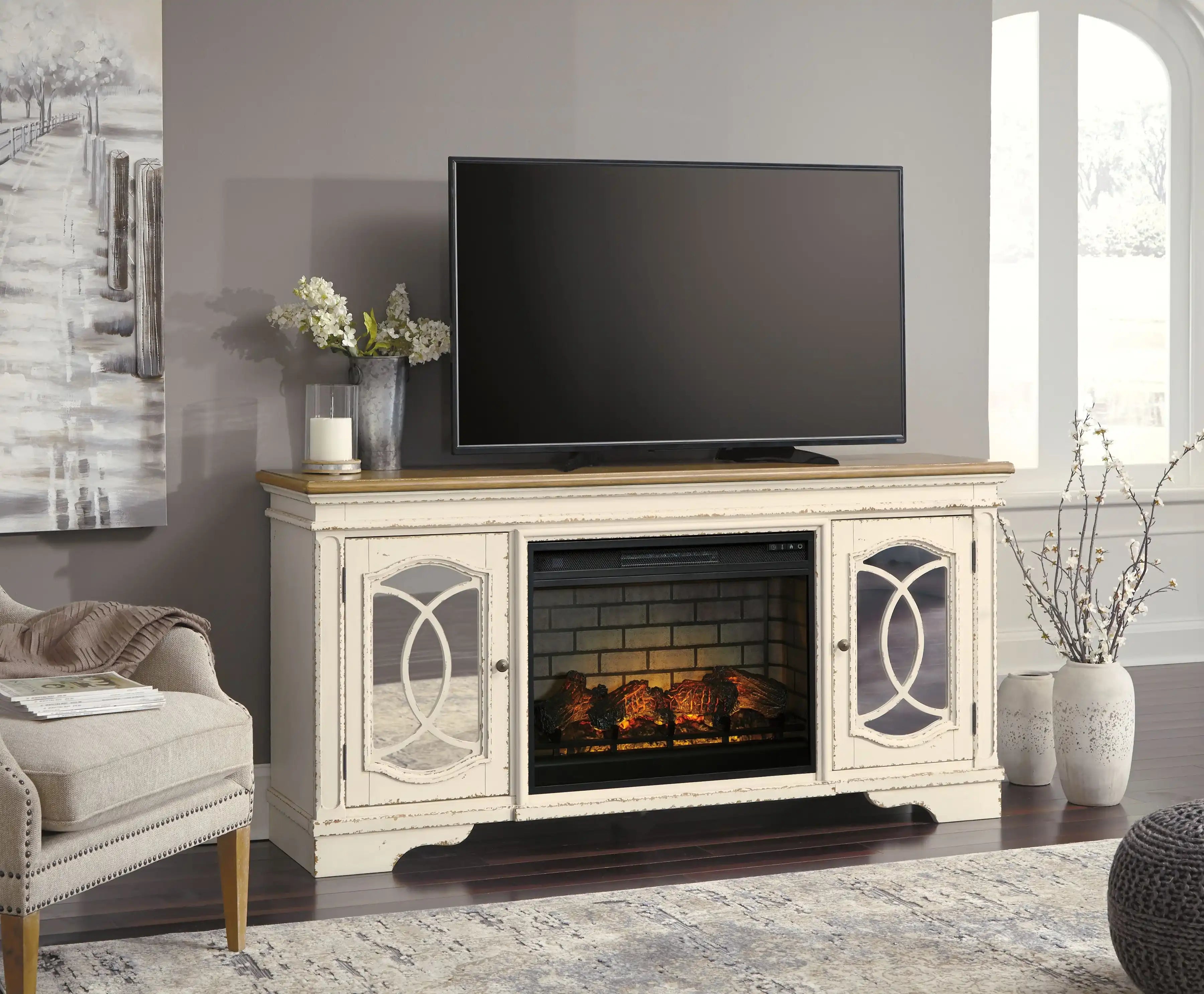 Realyn - 2 Pc. - 74" TV Stand with Electric Infrared Fireplace Insert - Chipped White - Best Buy Furniture