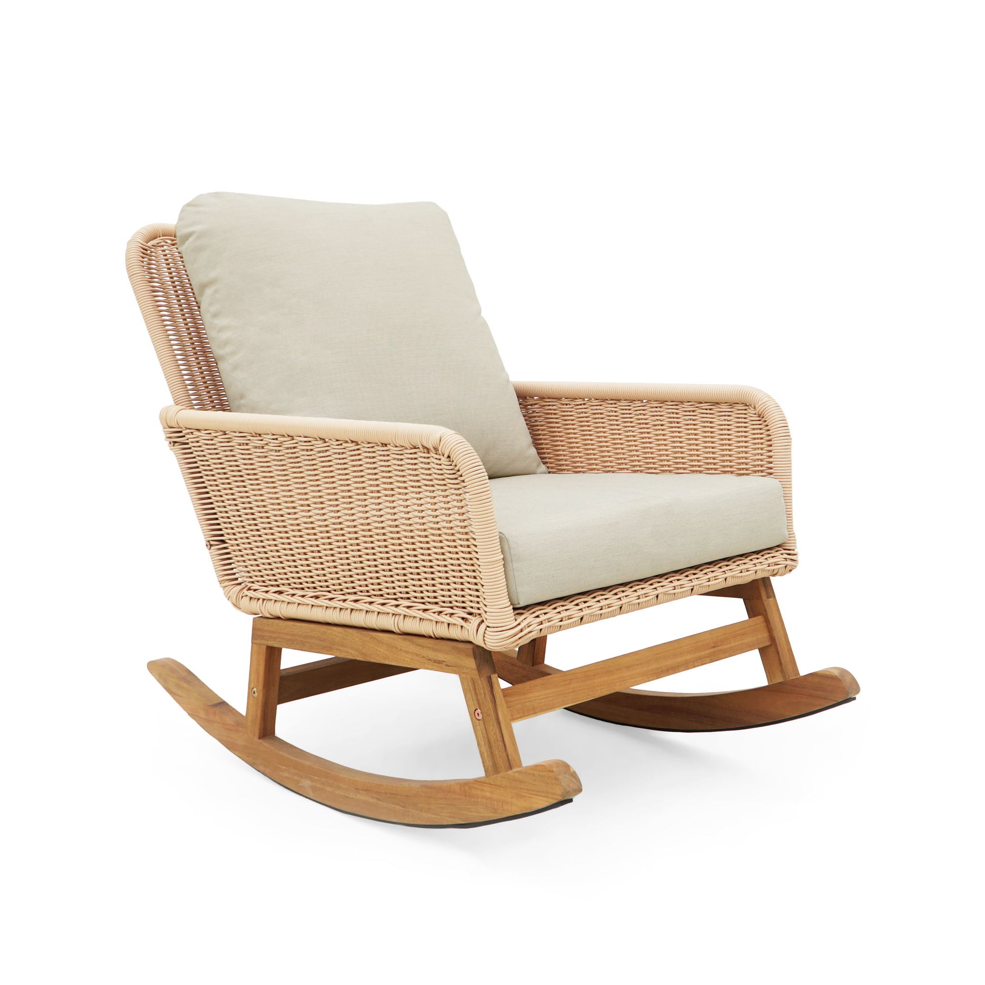 Modern 3 Piece Outdoor Seating Set With Cushioned Rattan Rocking Chairs And Wooden Accent Table - Best Buy Furniture