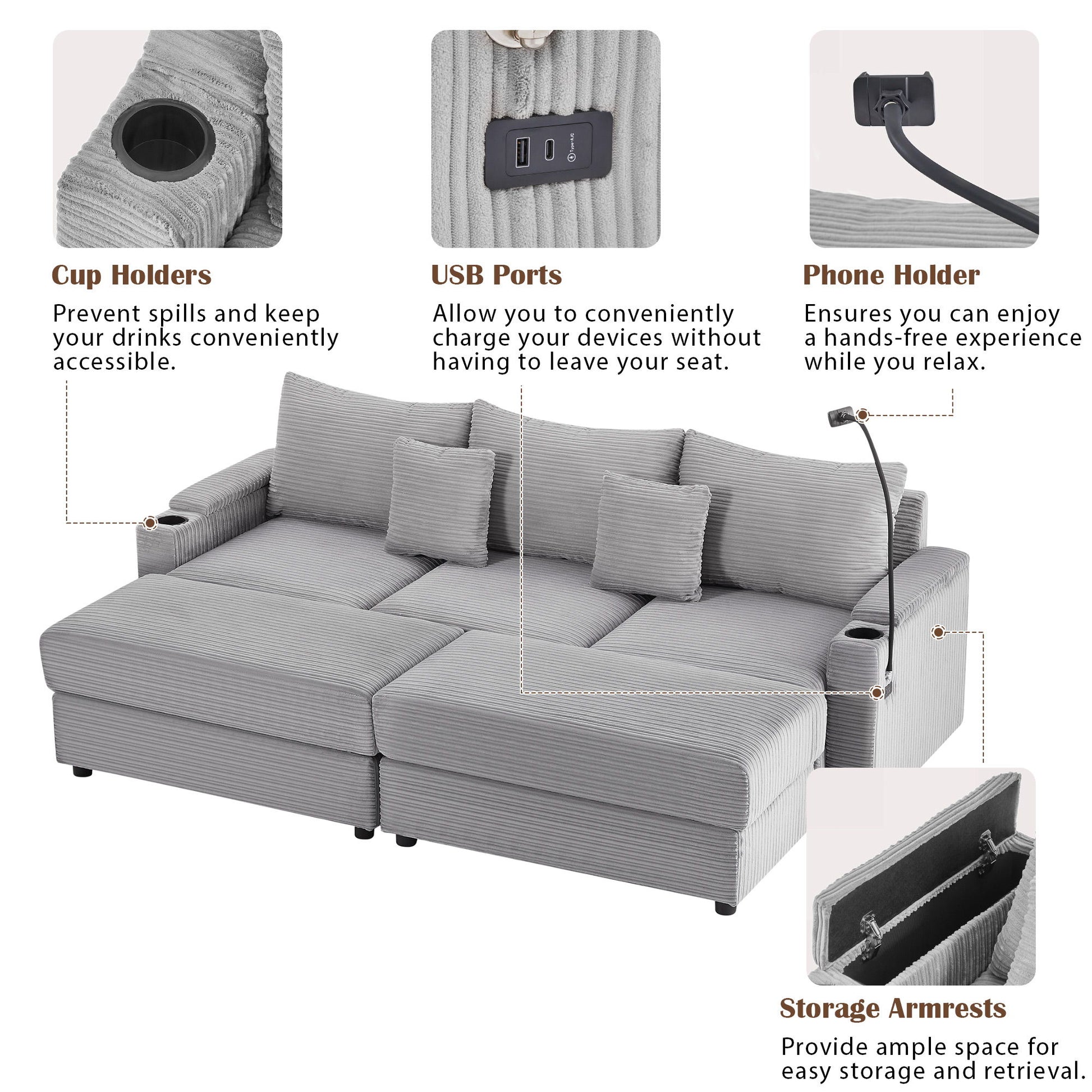 Modern Style Loveseat Sofa Sectional Sofa Couch With Storage Space, A Movable Ottoman, Two USB Ports, Two Cup Holders, A Phone Holder For Living Room - Best Buy Furniture