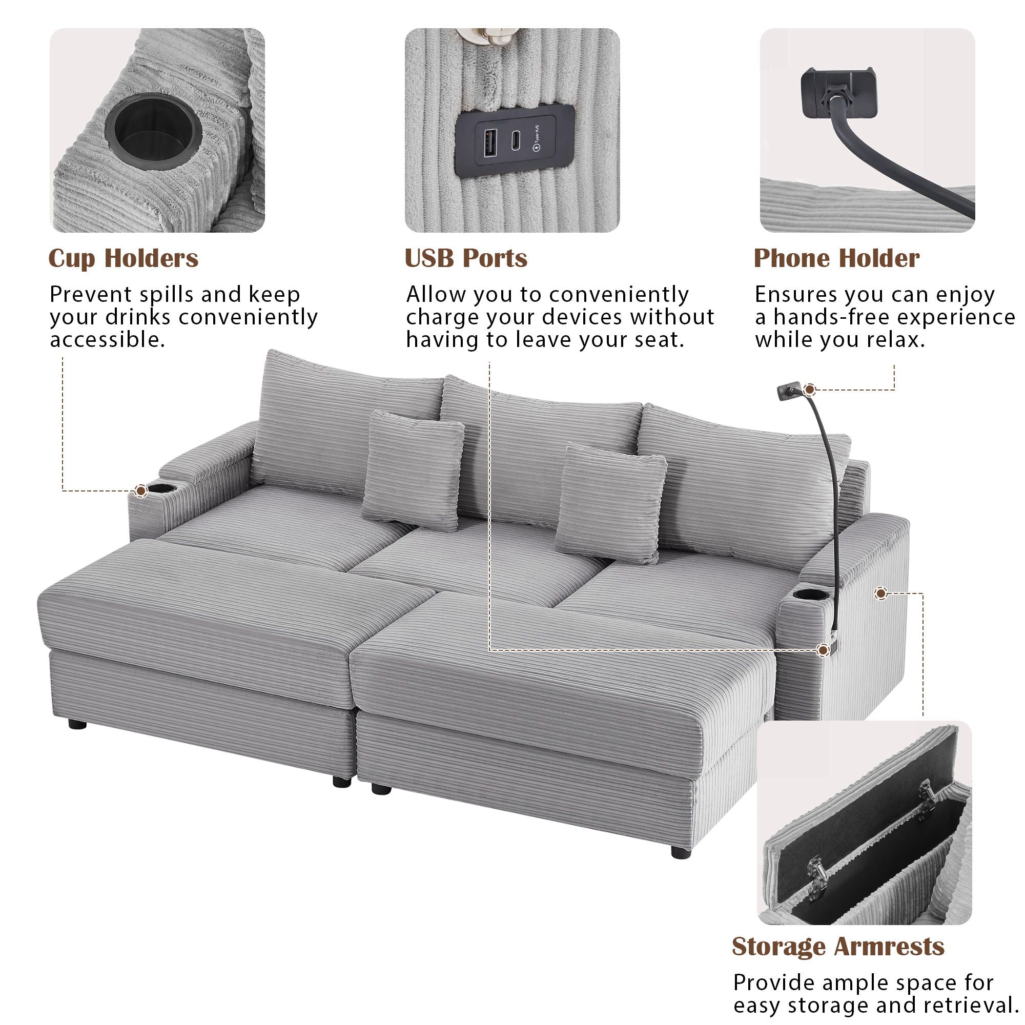 Modern Style Loveseat Sofa Sectional Sofa Couch With Storage Space, A Movable Ottoman, Two USB Ports, Two Cup Holders, A Phone Holder For Living Room - Best Buy Furniture