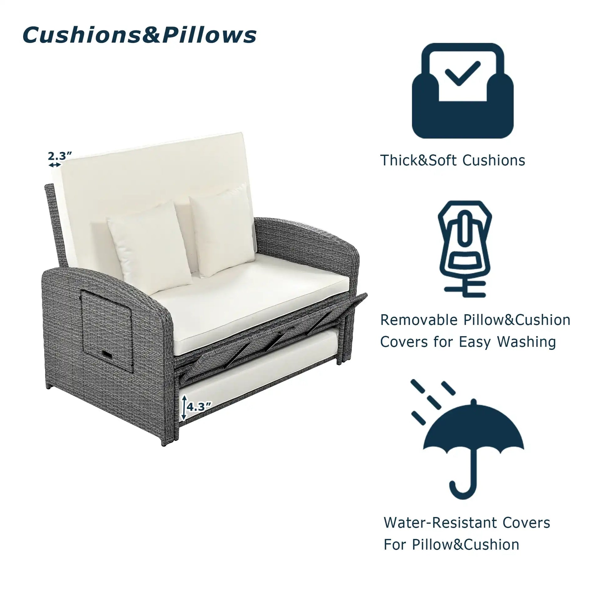 SunNest Wicker Rattan Double Chaise Lounge, 2-Person Reclining Daybed with Adjustable Back and Cushions - Best Buy Furniture