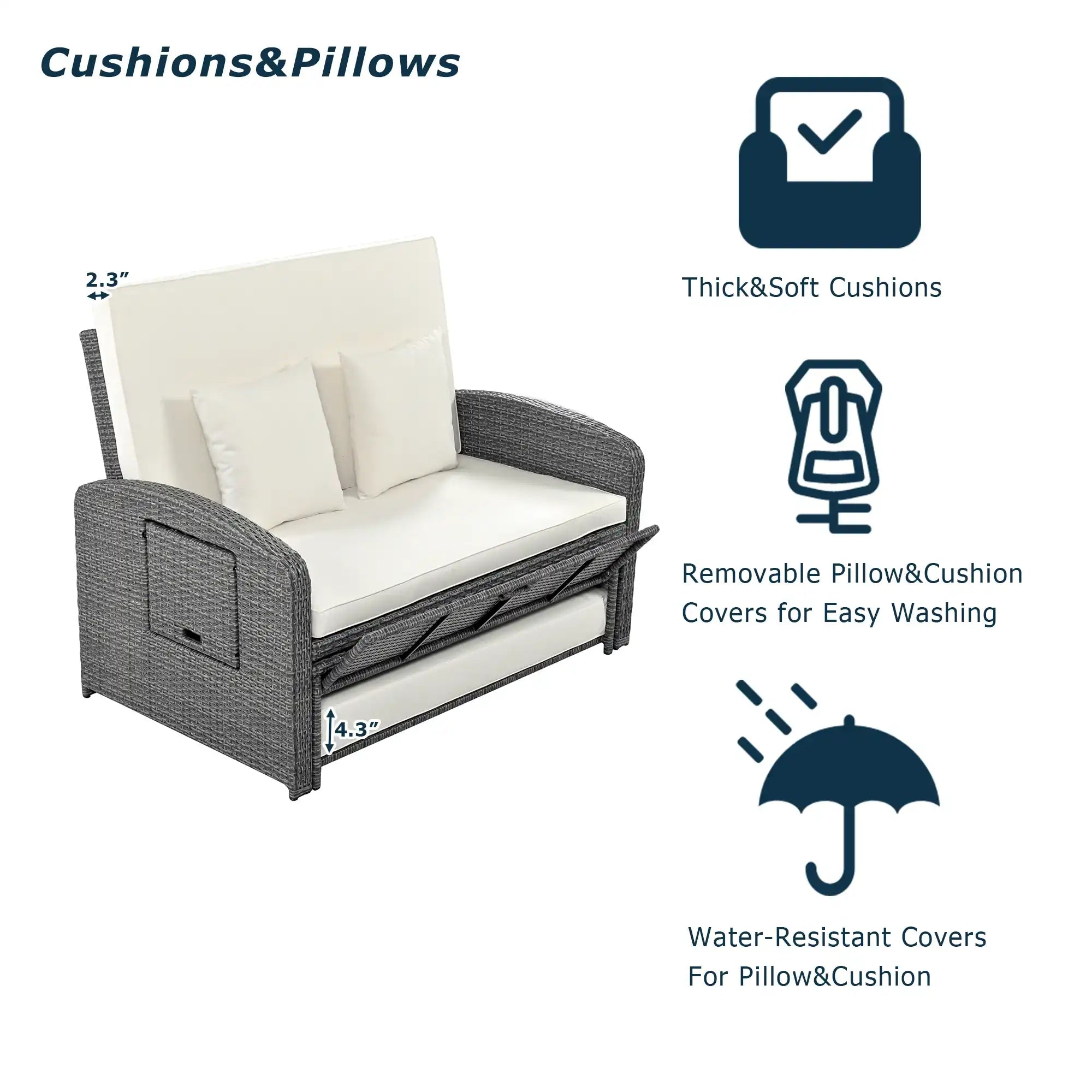 SunNest Wicker Rattan Double Chaise Lounge, 2-Person Reclining Daybed with Adjustable Back and Cushions - Best Buy Furniture