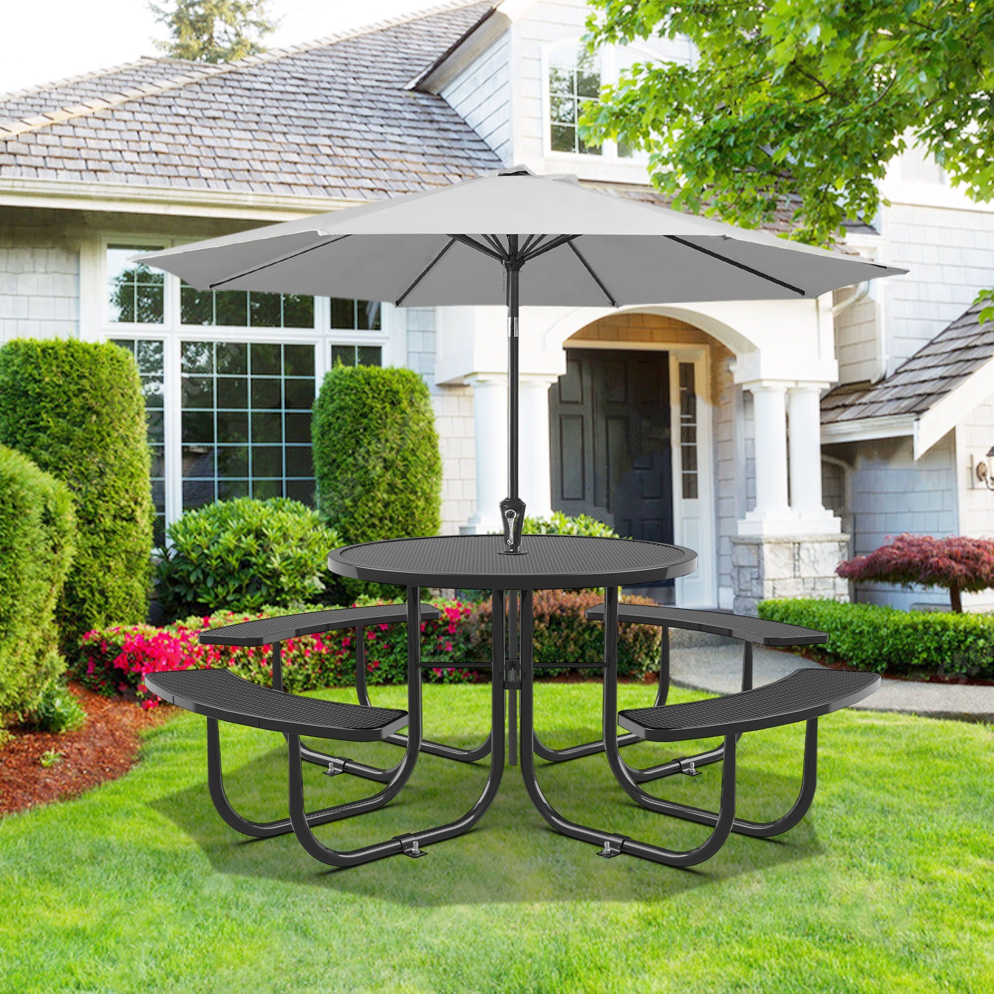 Round Outdoor Steel Picnic Table 46" With Umbrella Pole - Best Buy Furniture