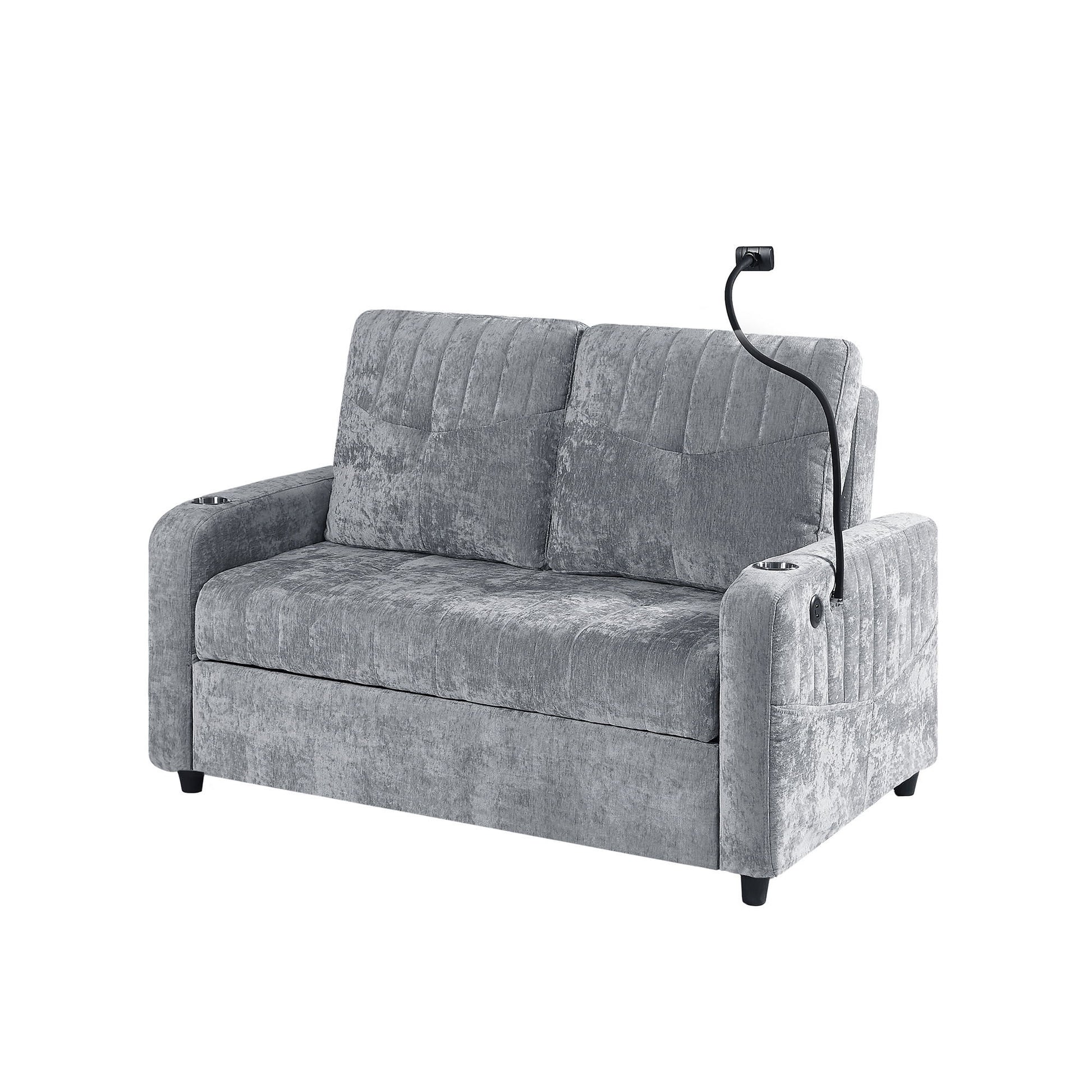 Modern Loveseat Pull Out Sofa Bed With Adjustable Backrest, Two Cup Holders, A Phone Holder, Three Charging Ports And Side Storage Pockets For Living Room - Best Buy Furniture