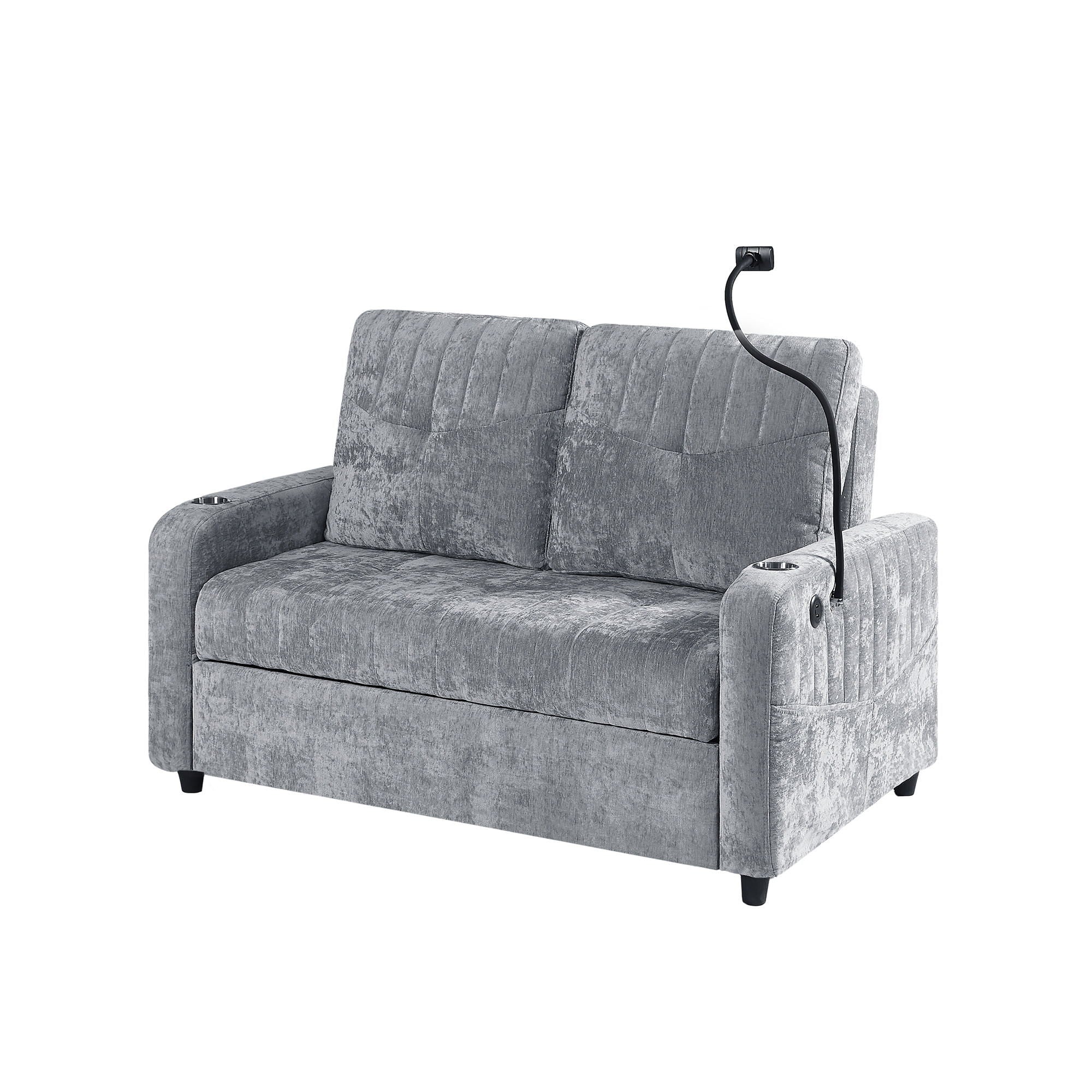 Modern Loveseat Pull Out Sofa Bed With Adjustable Backrest, Two Cup Holders, A Phone Holder, Three Charging Ports And Side Storage Pockets For Living Room - Best Buy Furniture