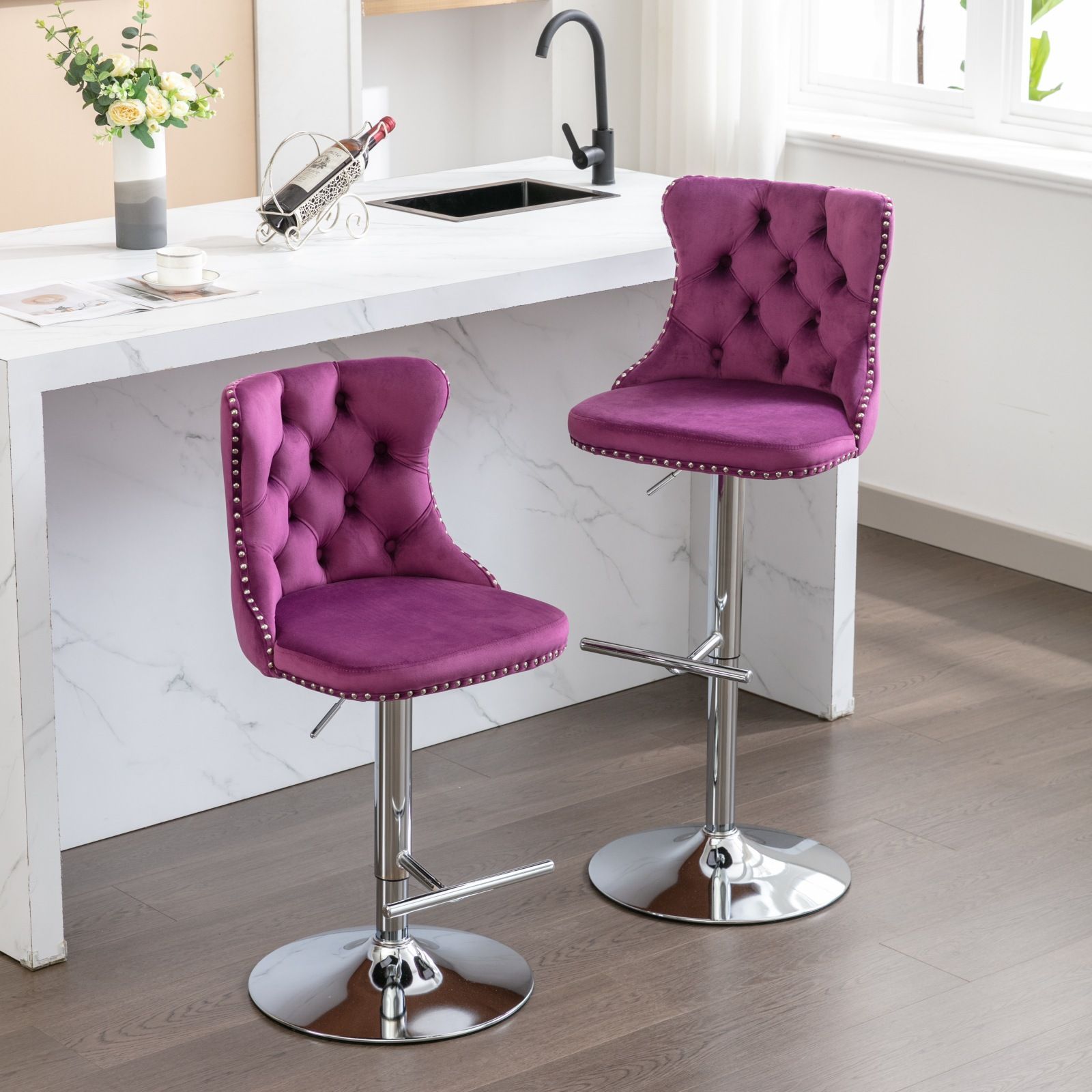 Swivel Velvet Barstools Adjusatble Seat Height From 25-33", Modern Upholstered Chrome Base Bar Stools With Backs Comfortable Tufted For Home Pub And Kitchen Island (Set of 2) - Best Buy Furniture