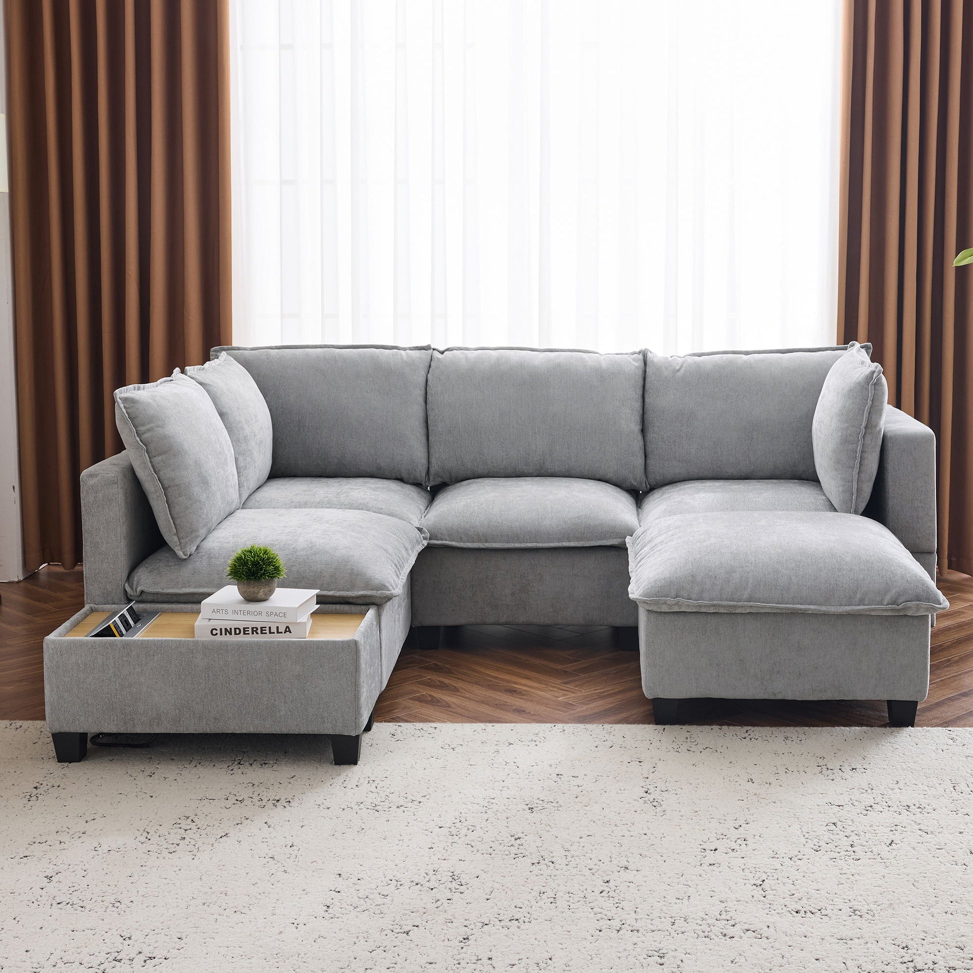 U-Shaped Sectional Modular Sofa With A Movable Ottoman, A Coffee Table With Hidden Charging Devices For Living Room - Best Buy Furniture