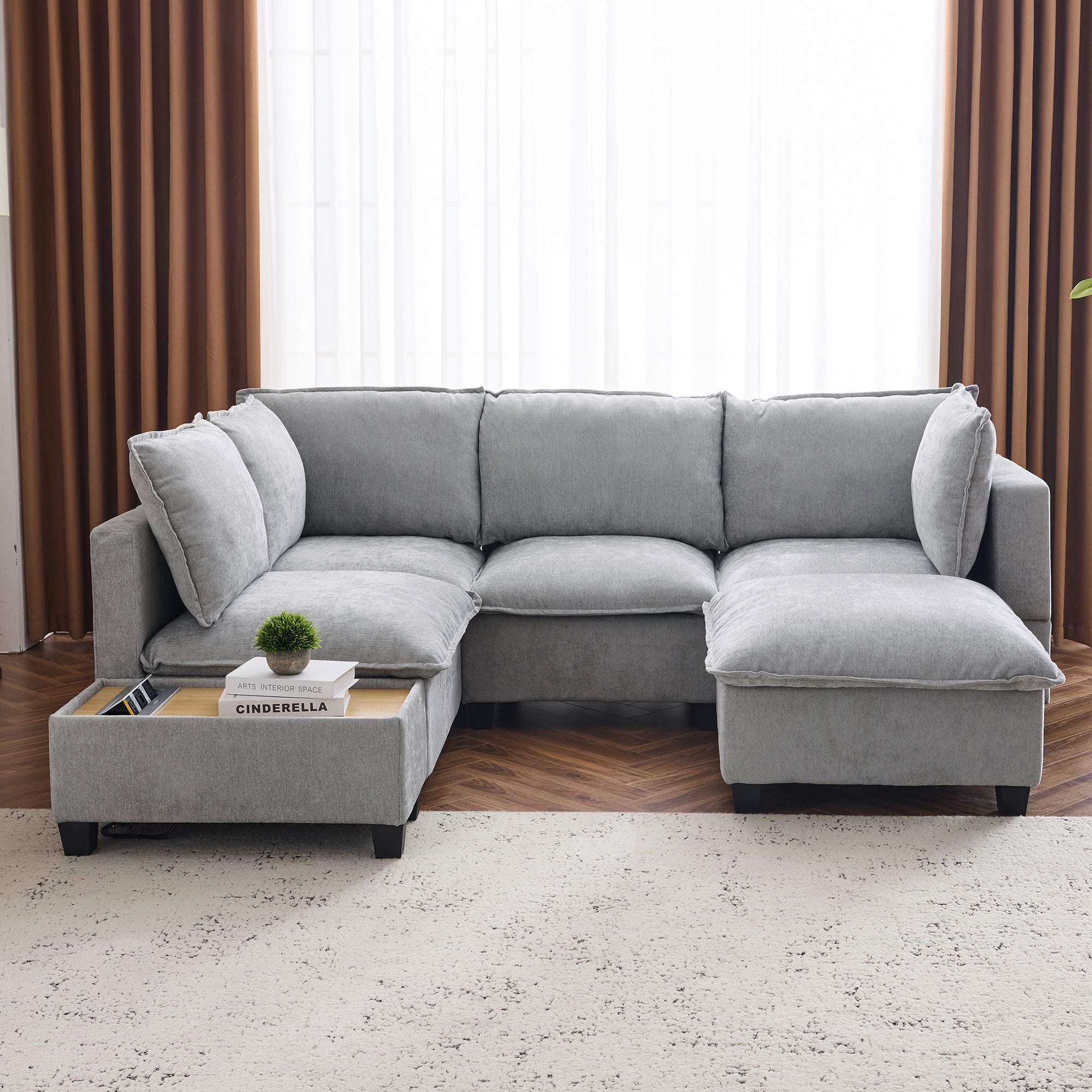 U-Shaped Sectional Modular Sofa With A Movable Ottoman, A Coffee Table With Hidden Charging Devices For Living Room - Best Buy Furniture