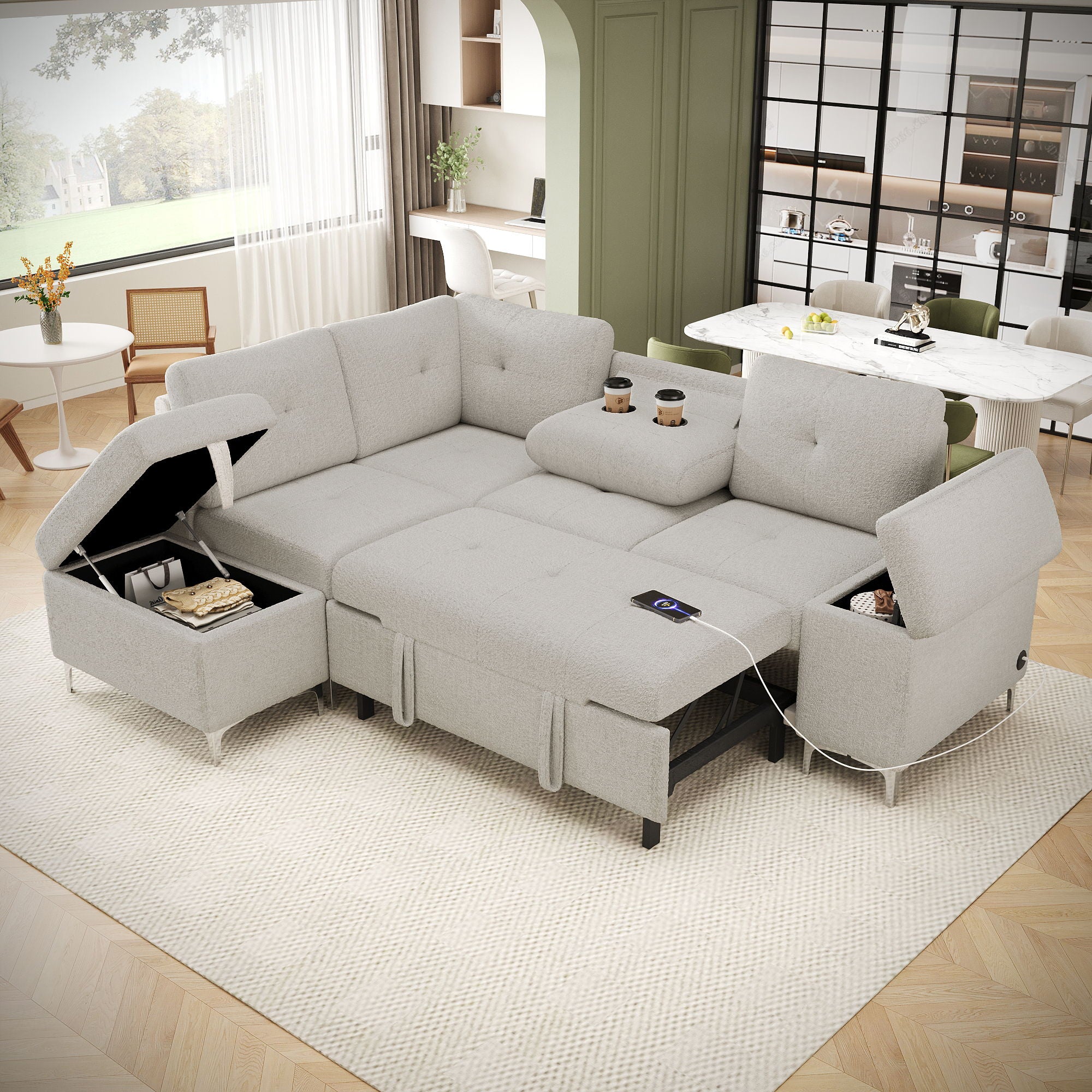 Versatile L Shaped Sofa Bed With Storage, Cup Holders, USB Ports Chenille - Best Buy Furniture