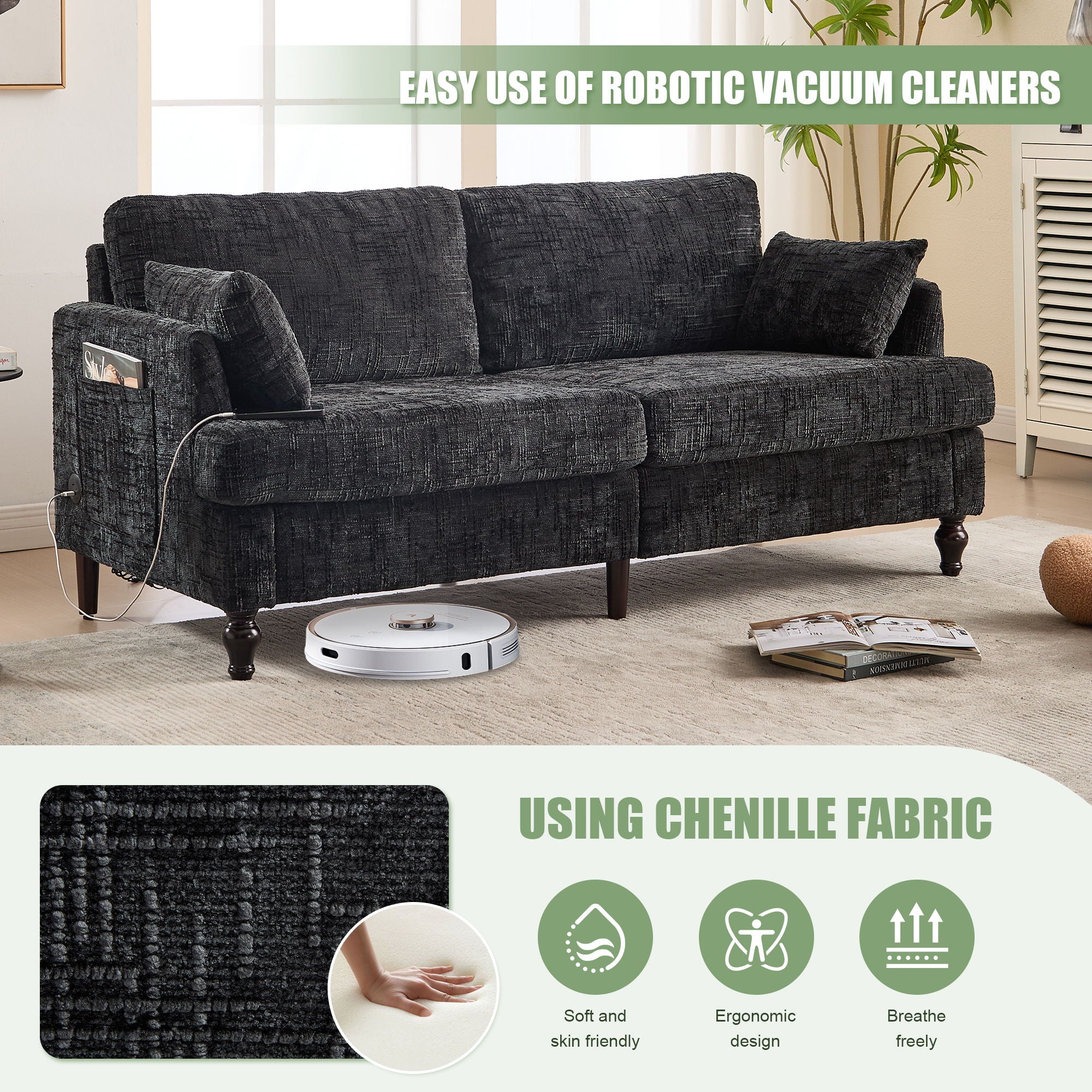 Chenille 2 Seater Sofa With LED Light, USB Charging Port, And Storage Bag - Best Buy Furniture