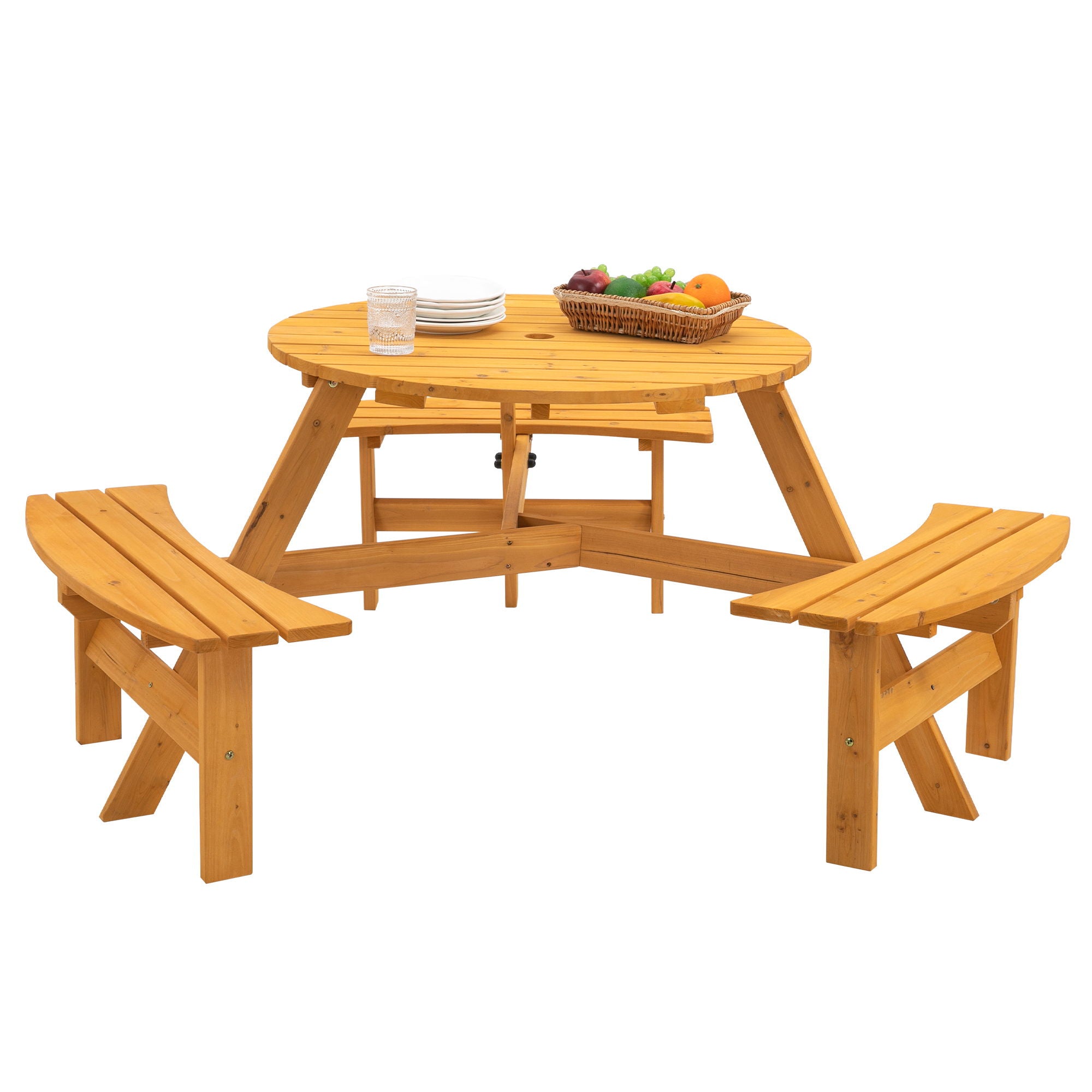 6 Person Circular Outdoor Wooden Picnic Table For Patio, Backyard, Garden, Diy With 3 Built-In Benches, 1720Lb Capacity - Best Buy Furniture