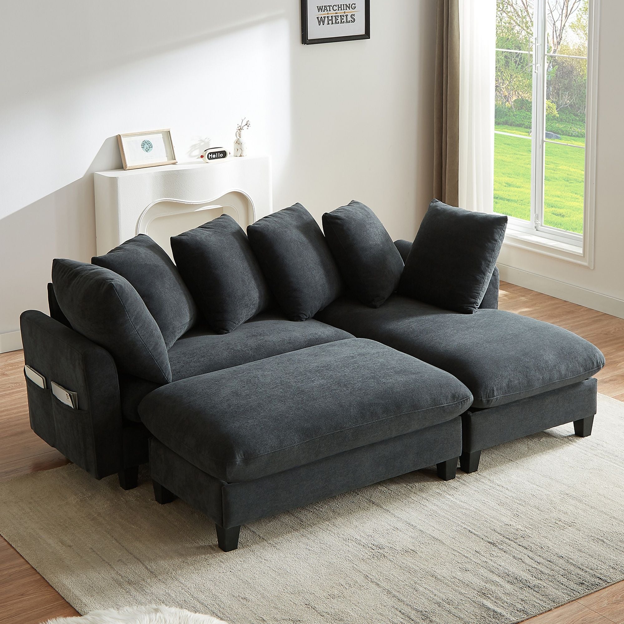 Upholstered L Shaped Sectional Sofa With Storage, Movable Ottoman, And 6 Throw Pillows - Best Buy Furniture