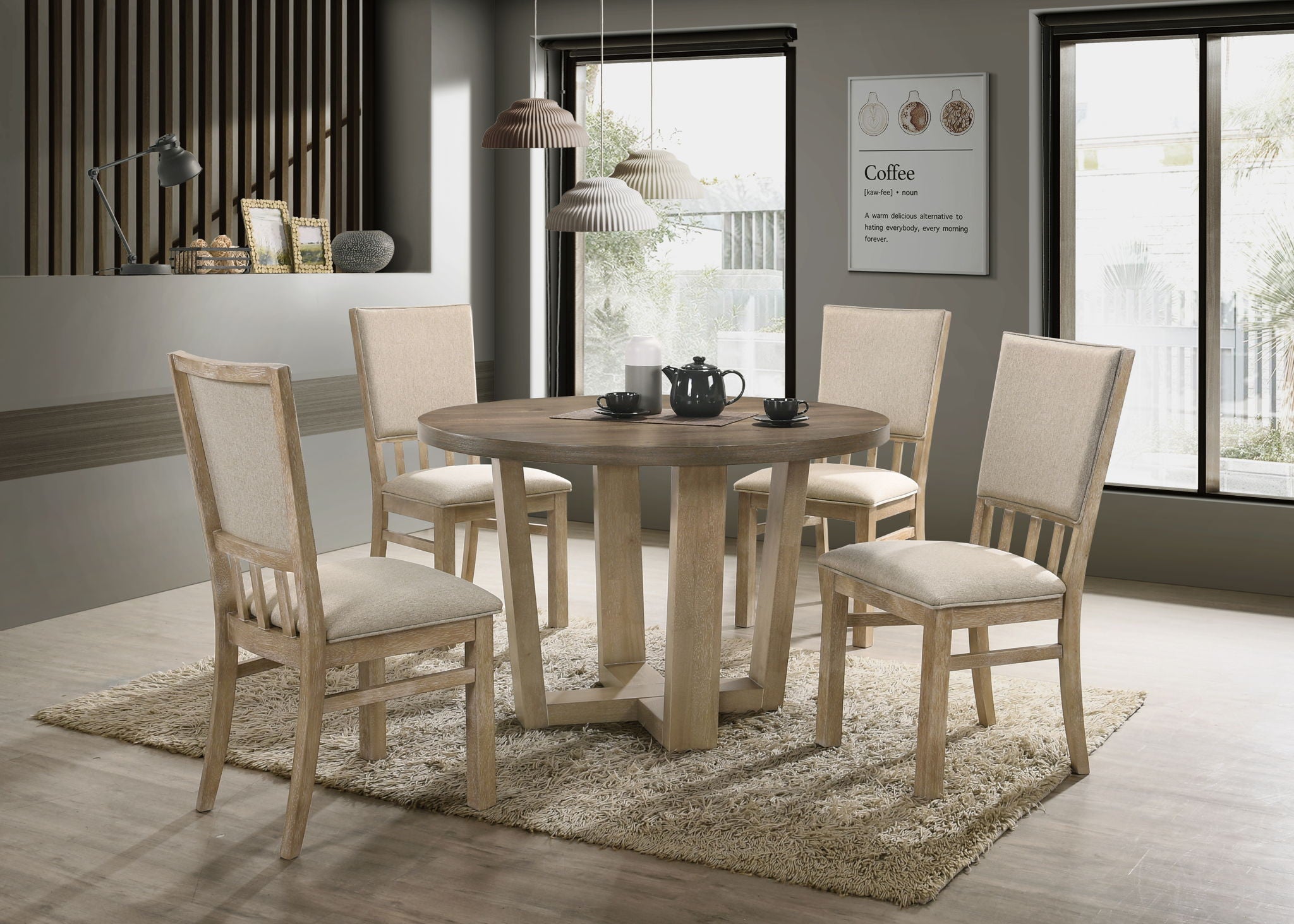Brutus - 5 Piece Wide Contemporary Round Dining Table With Wheat Colored Fabric Chairs (Set of 5) - Vintage Walnut - Best Buy Furniture